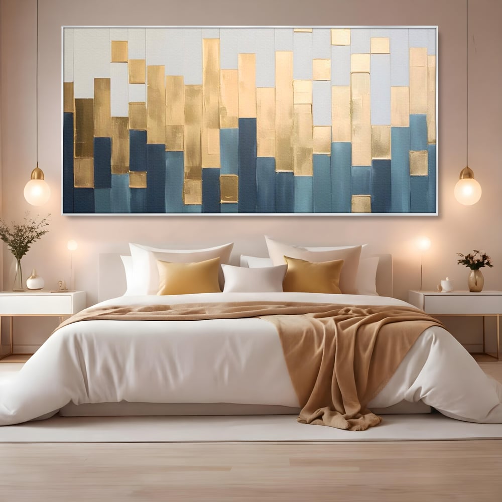 Tablou Canvas Premium LuxCanva® A1630, Mozaic Auriu , Living, Patrate, Turcoaz, Ploaie, Decorativ, Dormitor, Culori Vibrante