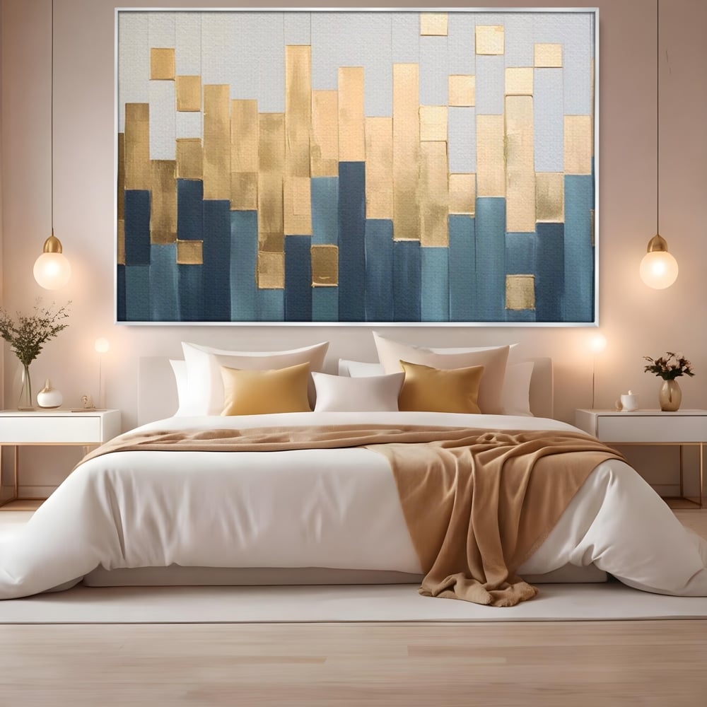 Tablou Canvas Premium LuxCanva® A1630, Mozaic Auriu , Living, Patrate, Turcoaz, Ploaie, Decorativ, Dormitor, Culori Vibrante