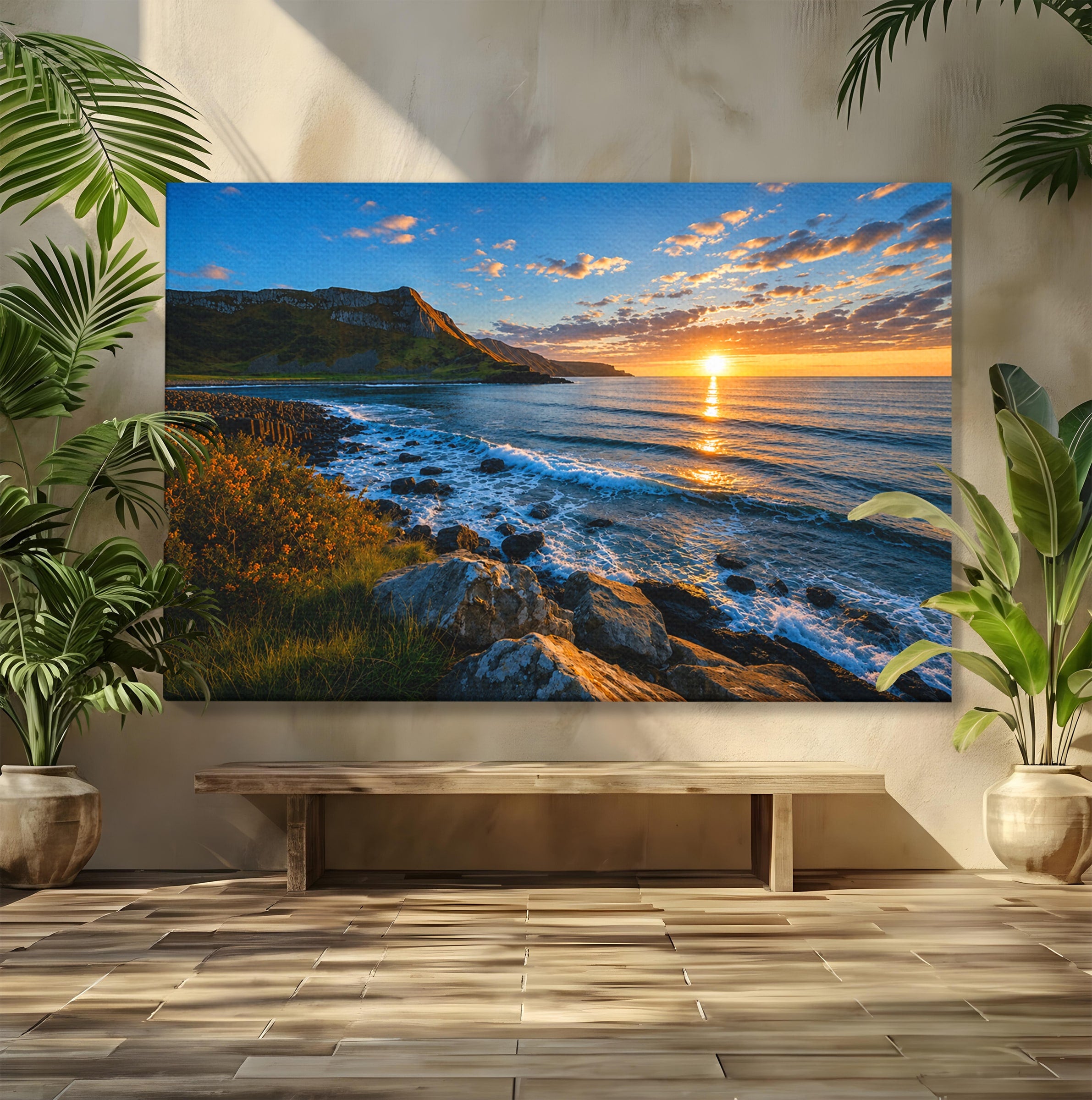 Tablou Canvas Premium LuxCanva® A1659, Apus Pe Tarmul Stancos, Apus, Tarm, Mare, Natura, Living, Culori Vibrante