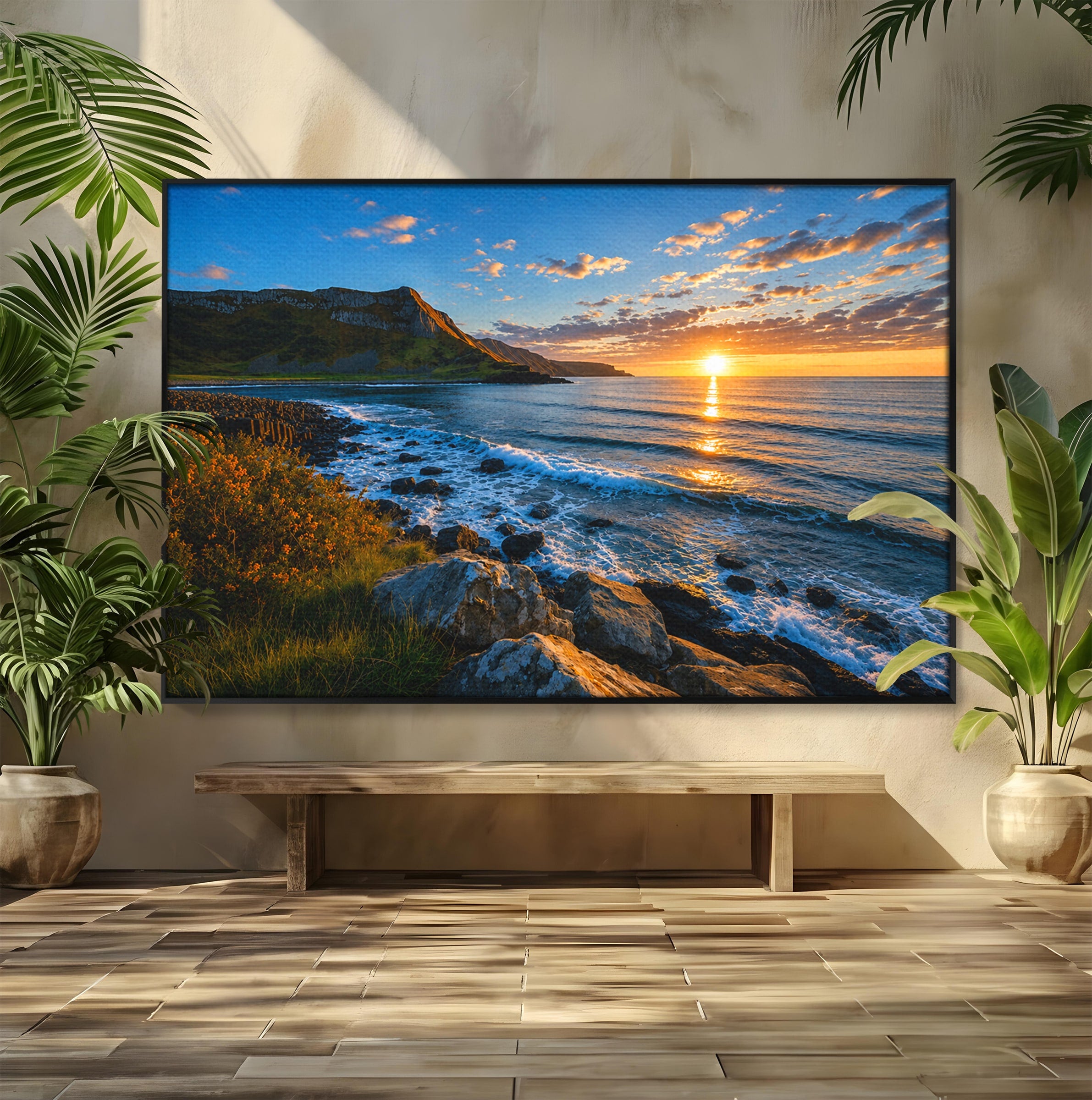 Tablou Canvas Premium LuxCanva® A1659, Apus Pe Tarmul Stancos, Apus, Tarm, Mare, Natura, Living, Culori Vibrante