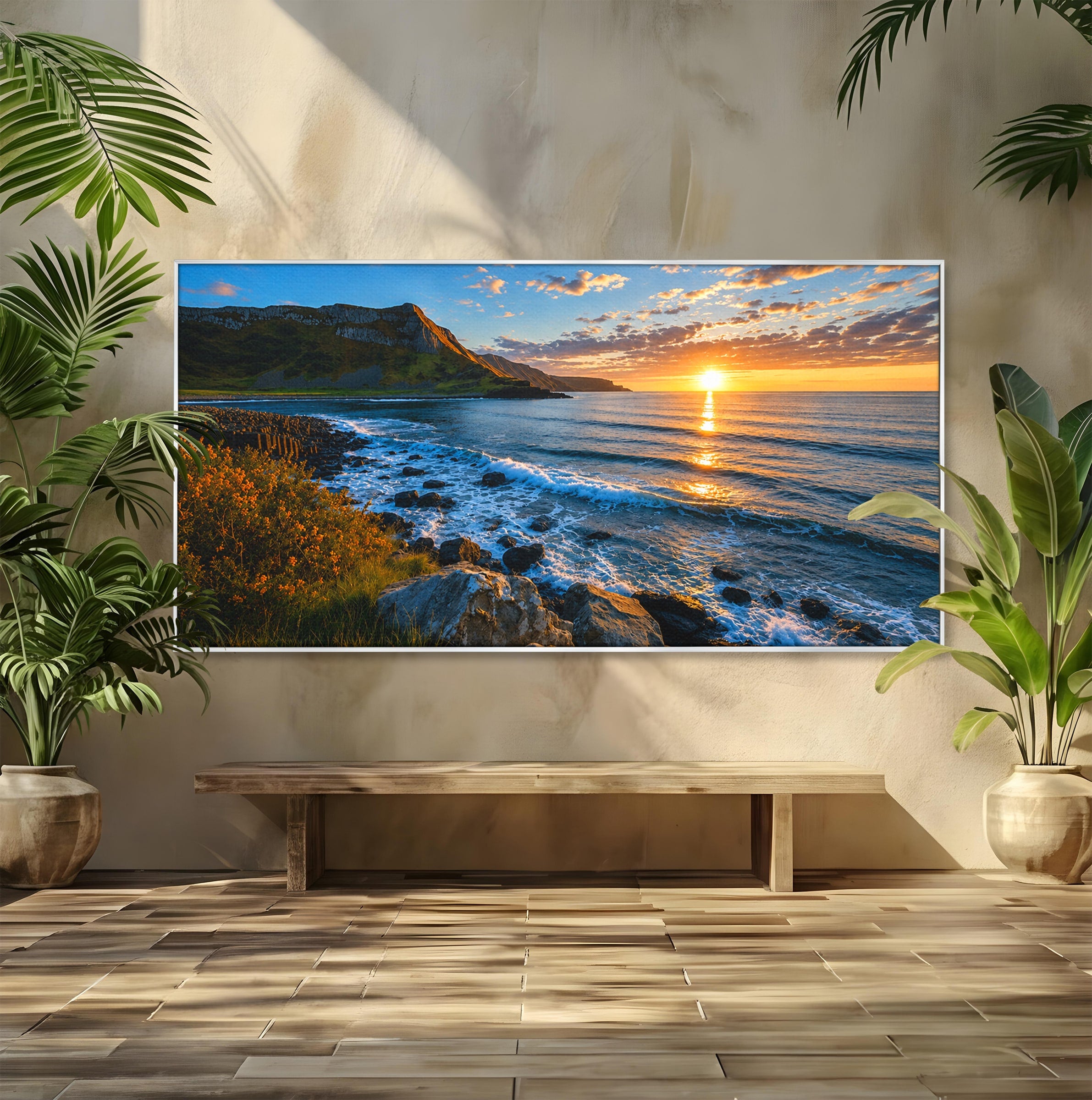 Tablou Canvas Premium LuxCanva® A1659, Apus Pe Tarmul Stancos, Apus, Tarm, Mare, Natura, Living, Culori Vibrante