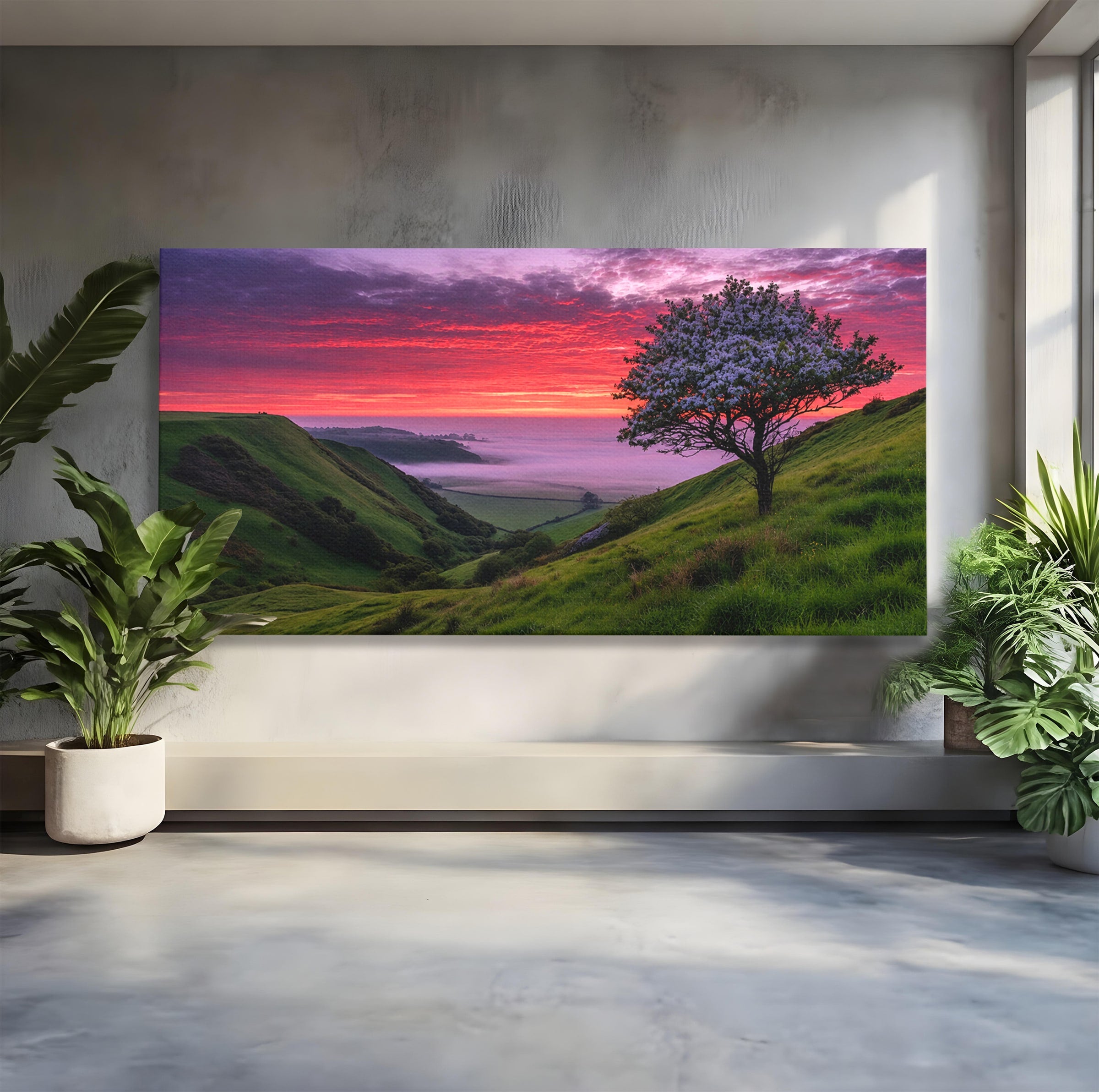 Tablou Canvas Premium LuxCanva® A1660, Apus Pe Dealuri, Apus, Dealuri, Natura, Copac, Living, Culori Vibrante
