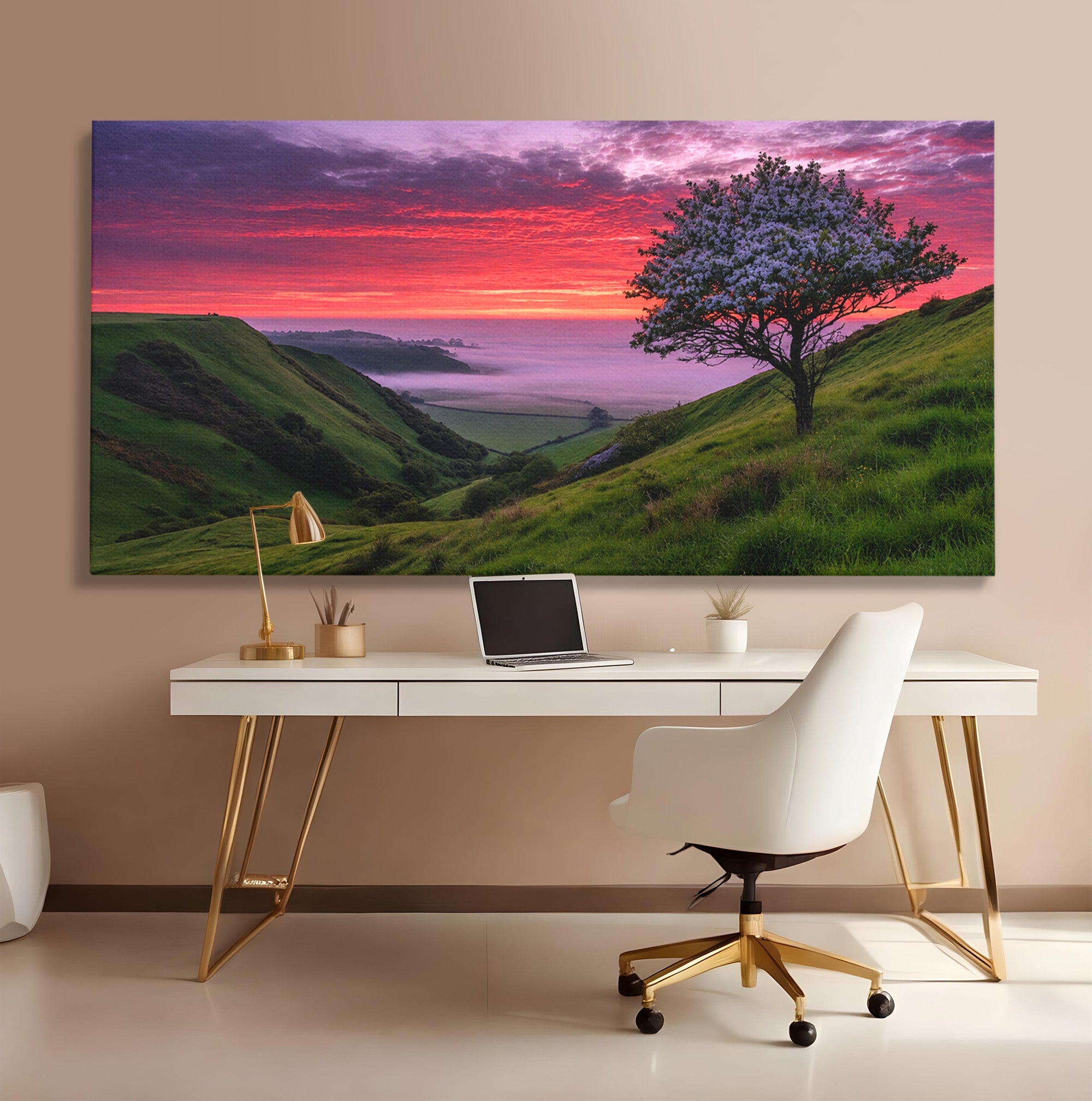 Tablou Canvas Premium LuxCanva® A1660, Apus Pe Dealuri, Apus, Dealuri, Natura, Copac, Living, Culori Vibrante