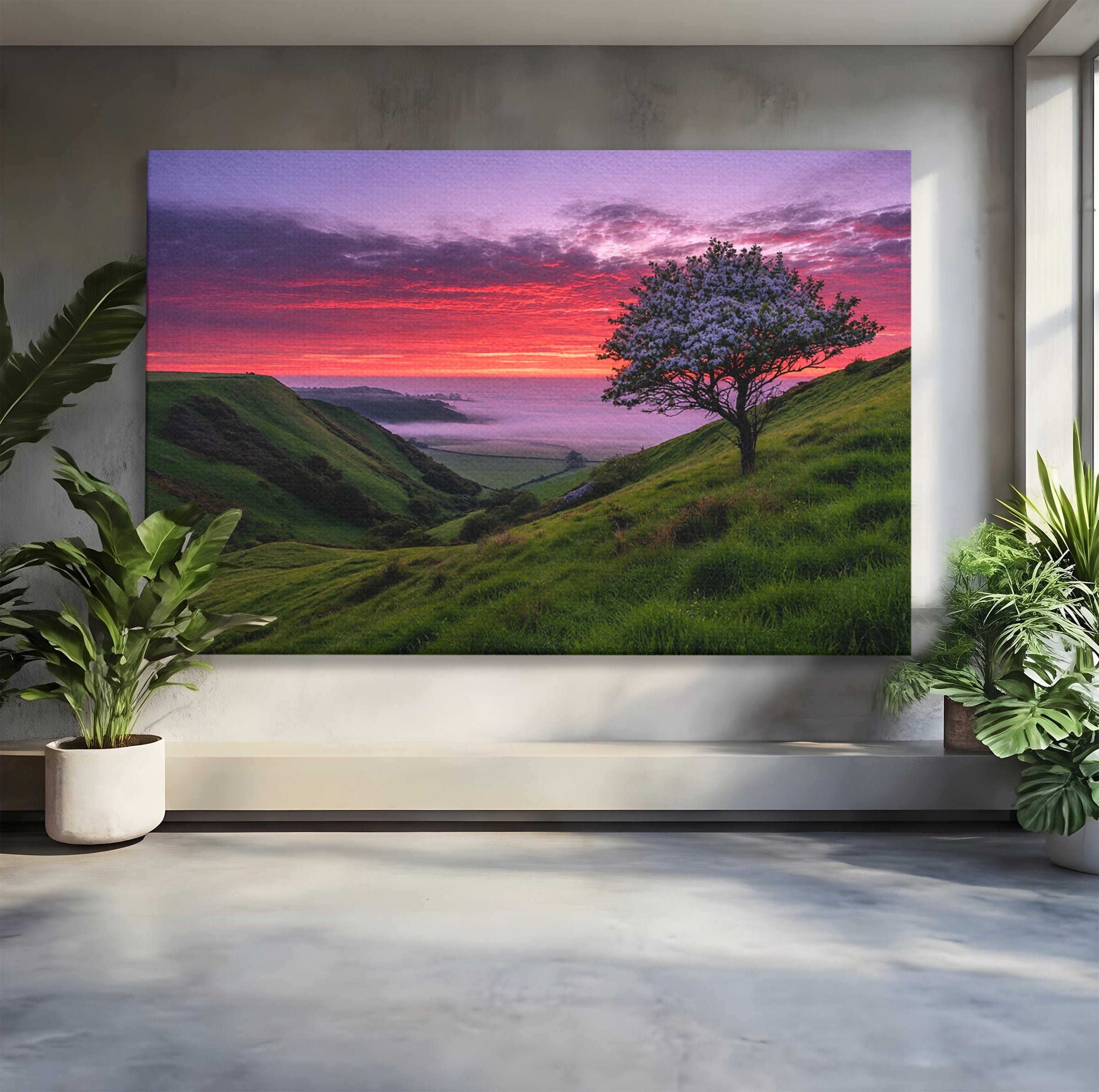 Tablou Canvas Premium LuxCanva® A1660, Apus Pe Dealuri, Apus, Dealuri, Natura, Copac, Living, Culori Vibrante