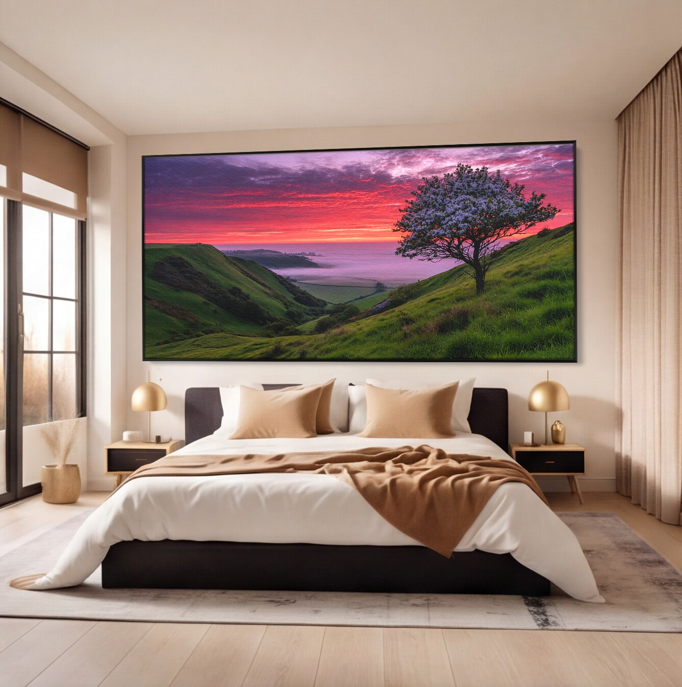 Tablou Canvas Premium LuxCanva® A1660, Apus Pe Dealuri, Apus, Dealuri, Natura, Copac, Living, Culori Vibrante