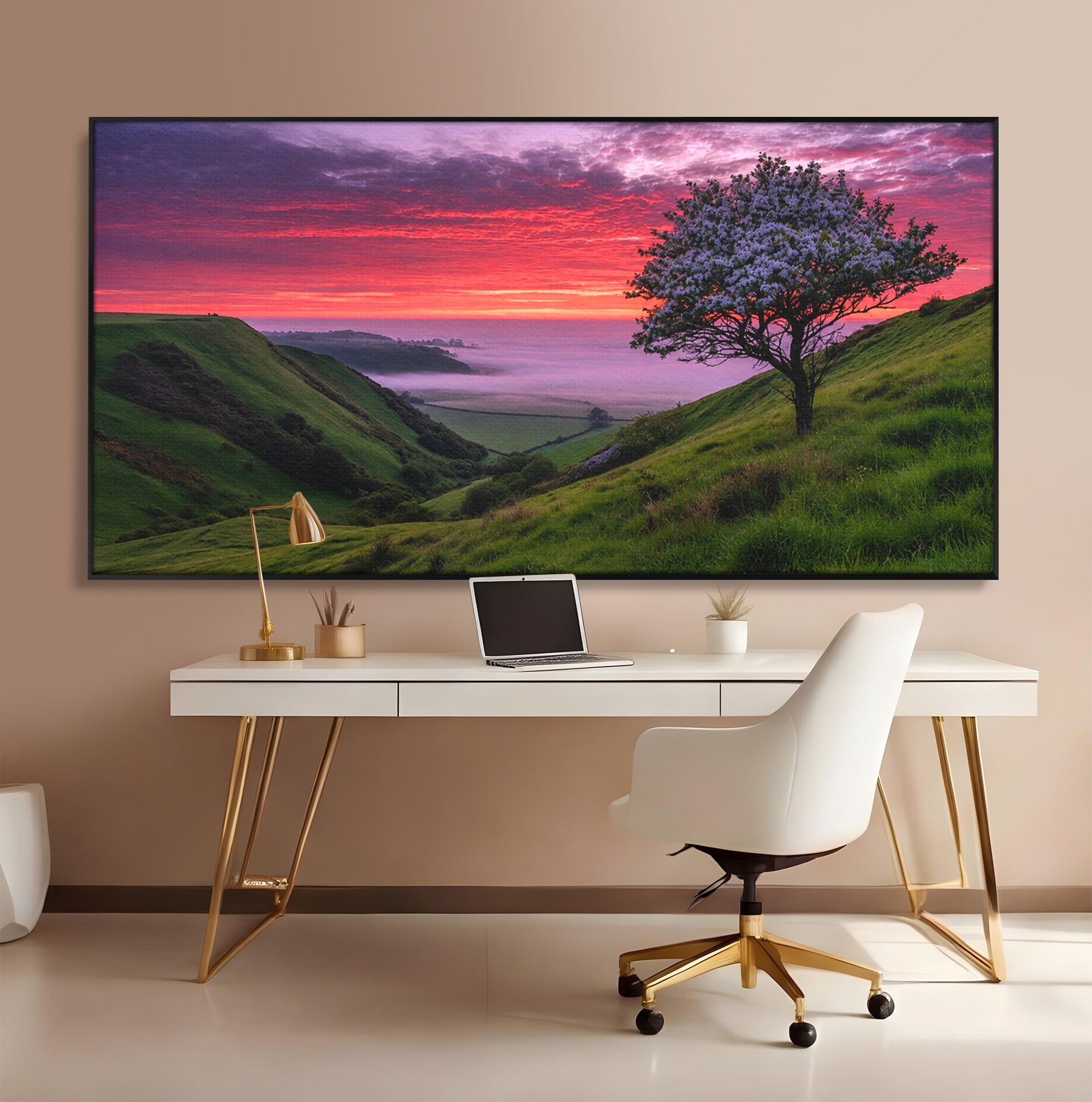 Tablou Canvas Premium LuxCanva® A1660, Apus Pe Dealuri, Apus, Dealuri, Natura, Copac, Living, Culori Vibrante