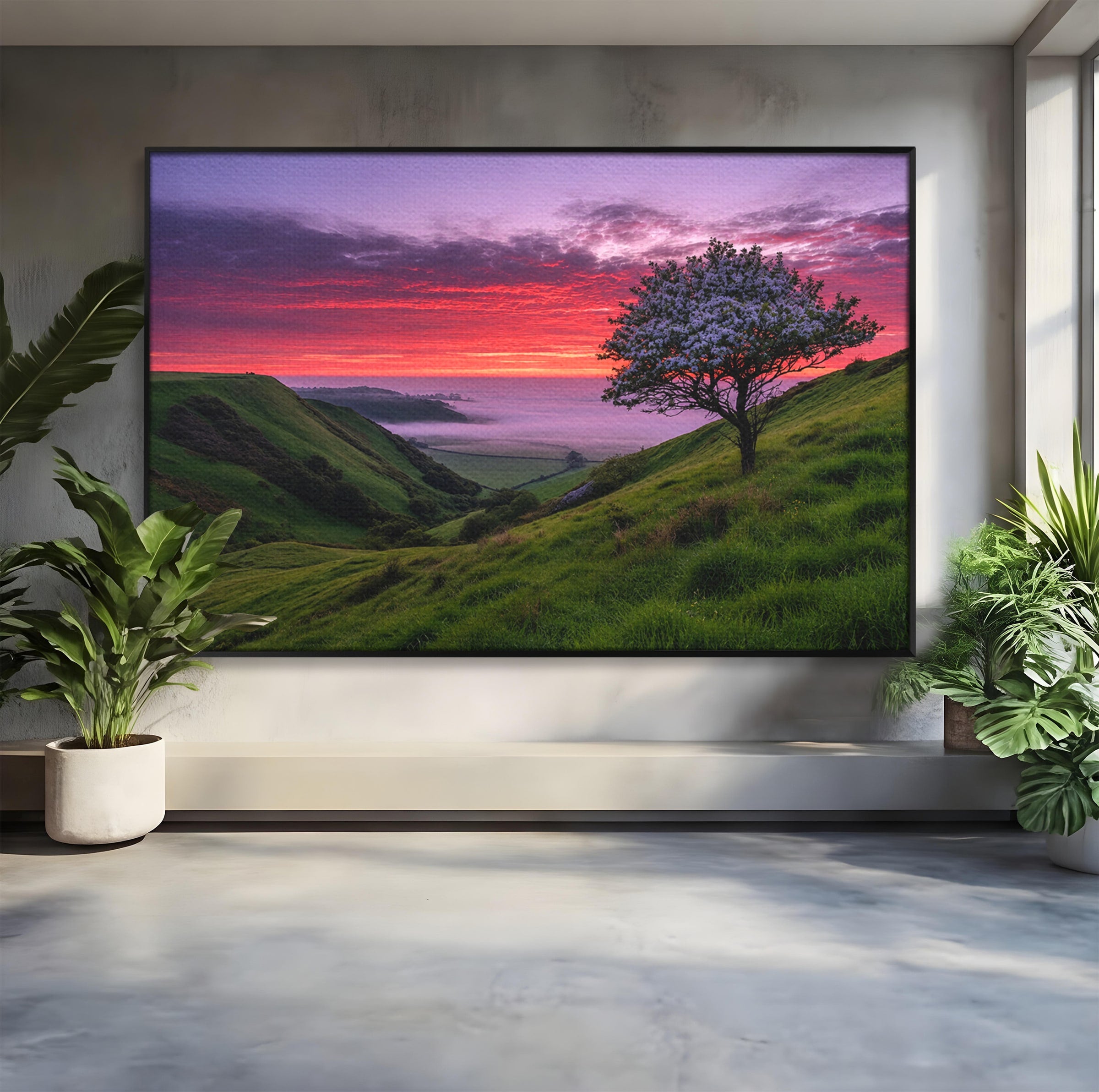 Tablou Canvas Premium LuxCanva® A1660, Apus Pe Dealuri, Apus, Dealuri, Natura, Copac, Living, Culori Vibrante