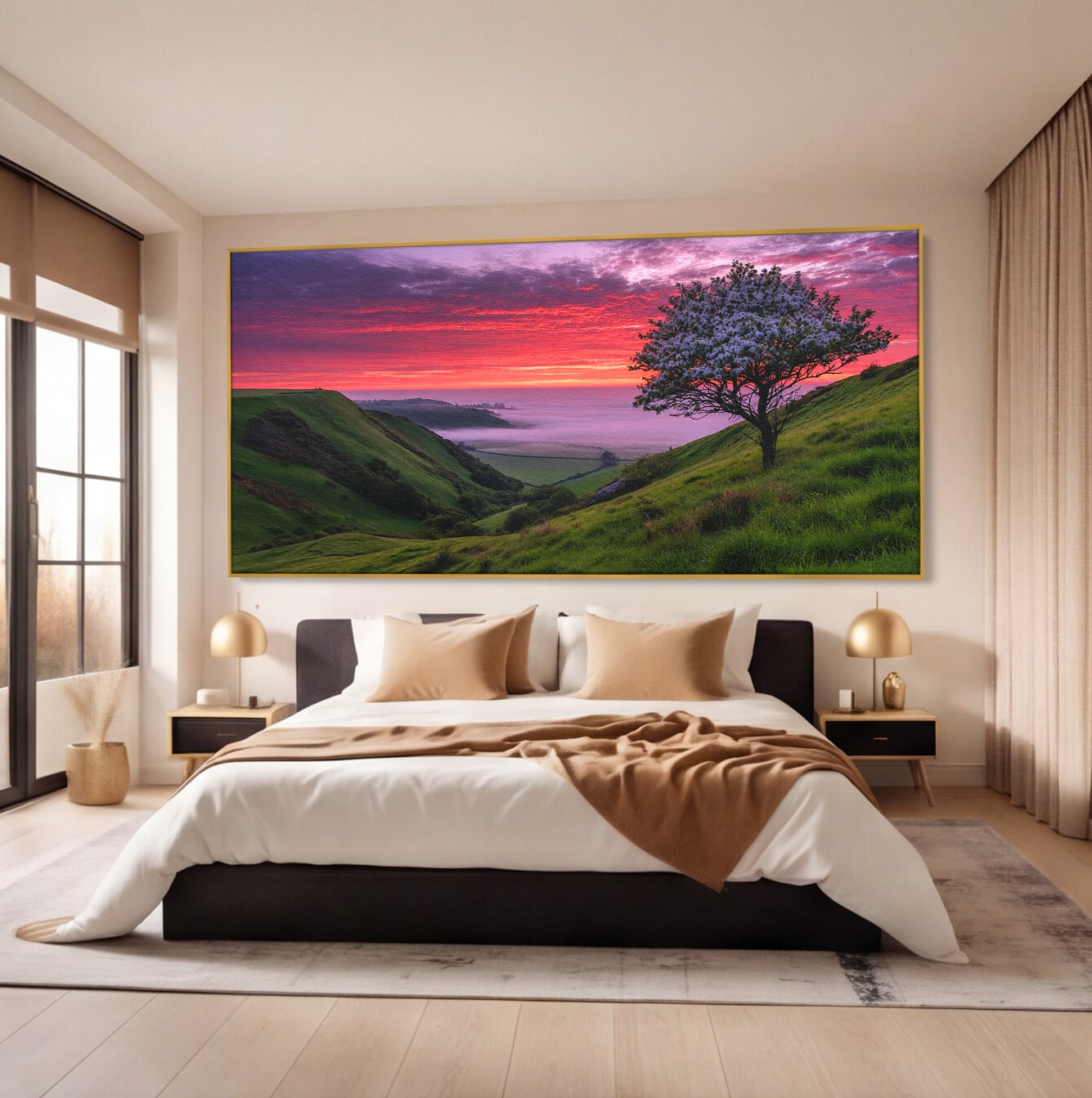 Tablou Canvas Premium LuxCanva® A1660, Apus Pe Dealuri, Apus, Dealuri, Natura, Copac, Living, Culori Vibrante