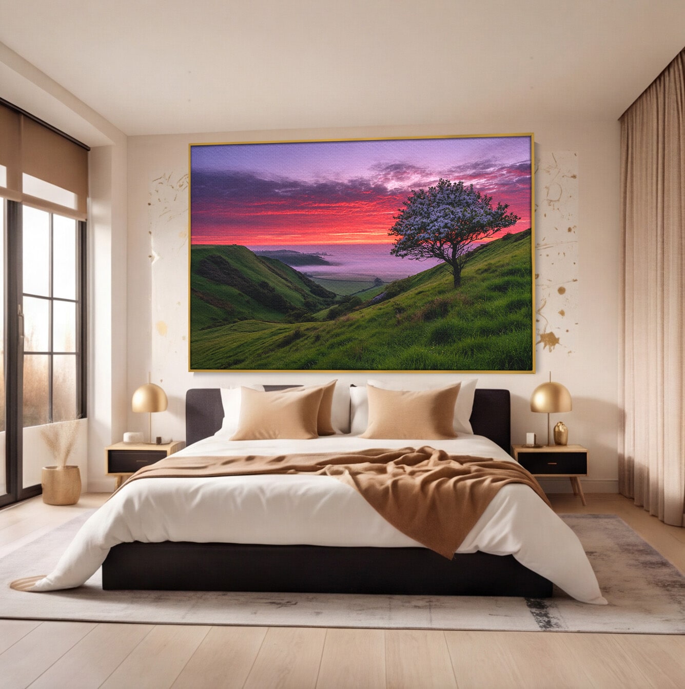 Tablou Canvas Premium LuxCanva® A1660, Apus Pe Dealuri, Apus, Dealuri, Natura, Copac, Living, Culori Vibrante