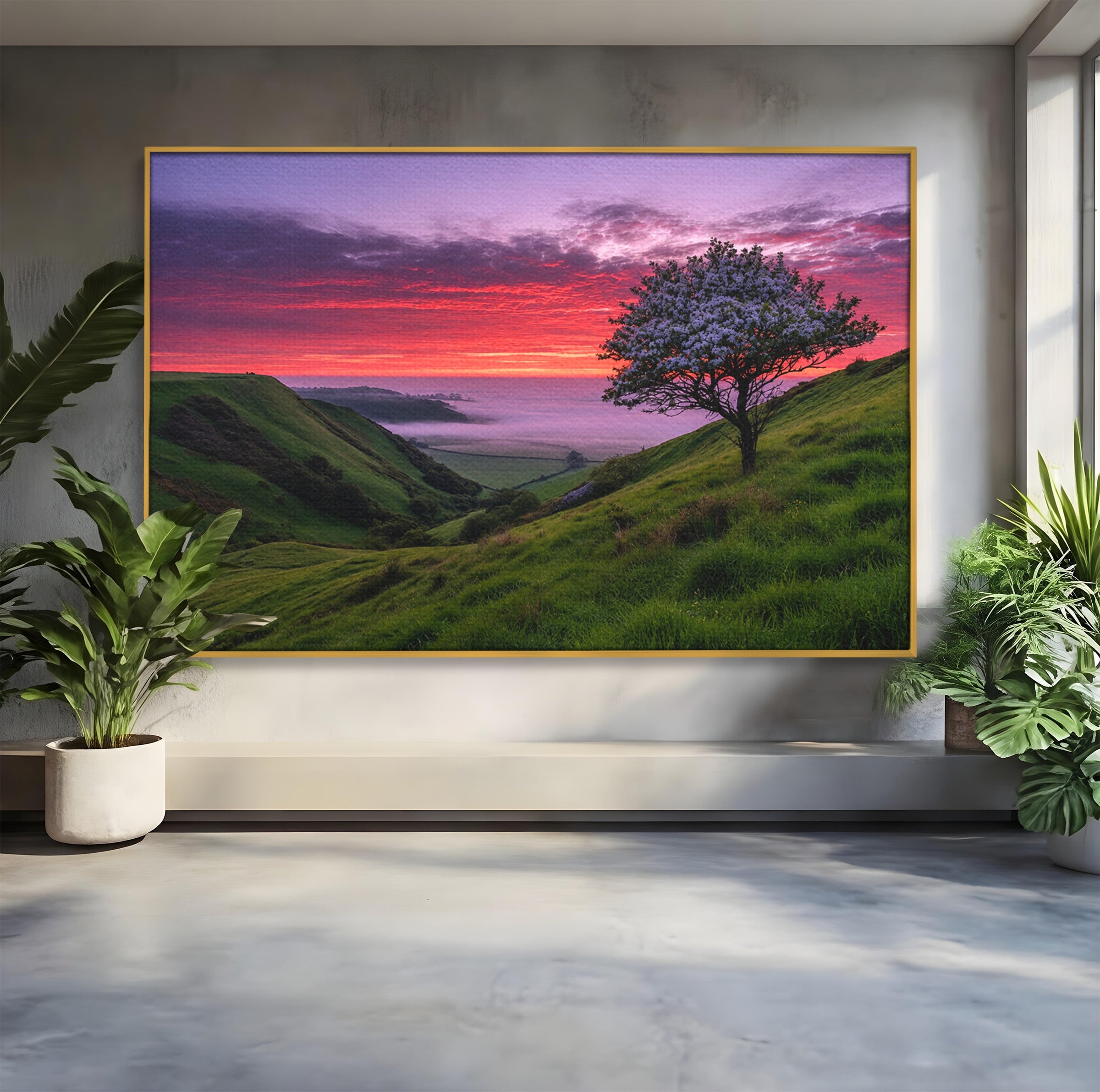 Tablou Canvas Premium LuxCanva® A1660, Apus Pe Dealuri, Apus, Dealuri, Natura, Copac, Living, Culori Vibrante
