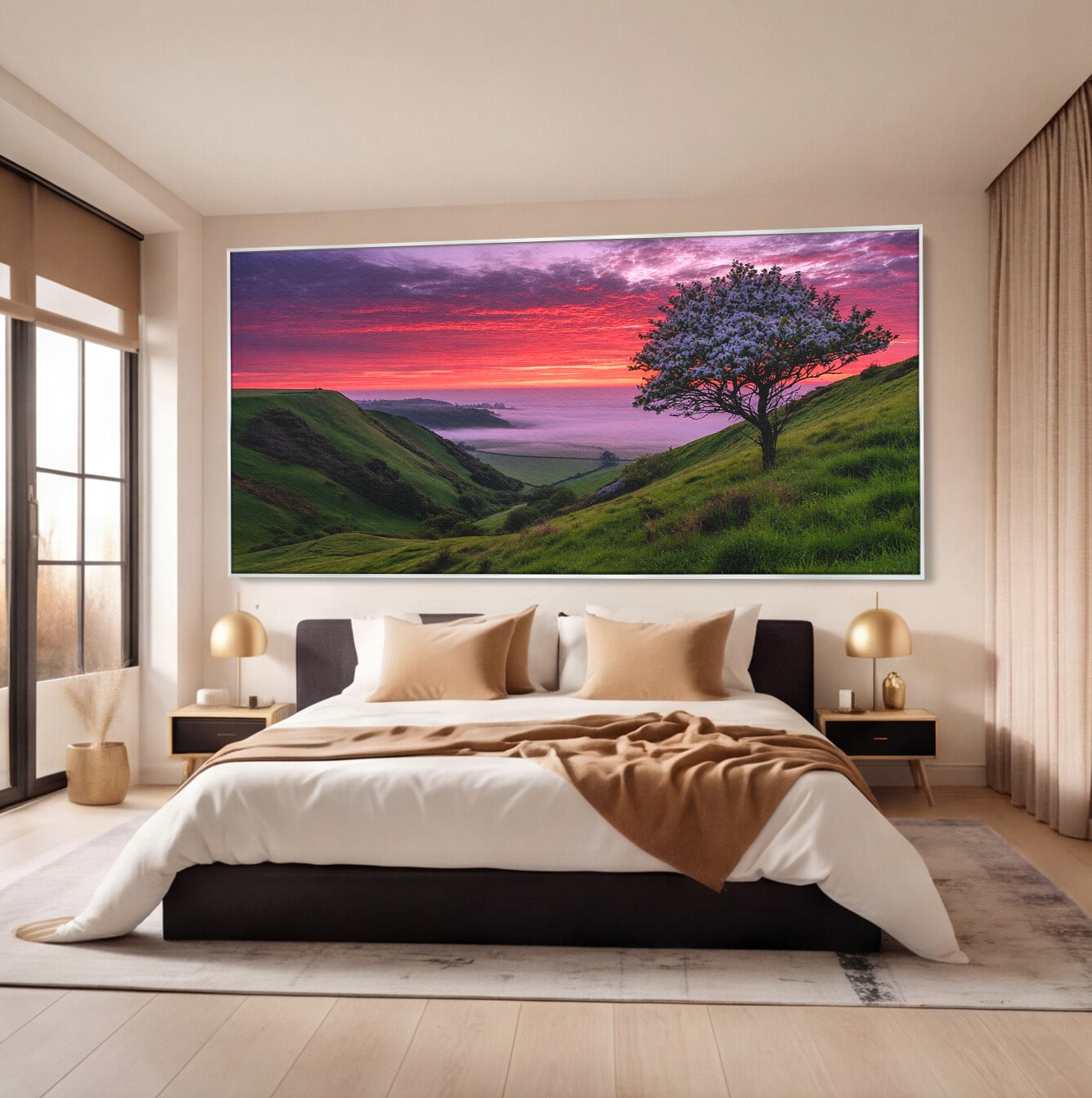 Tablou Canvas Premium LuxCanva® A1660, Apus Pe Dealuri, Apus, Dealuri, Natura, Copac, Living, Culori Vibrante