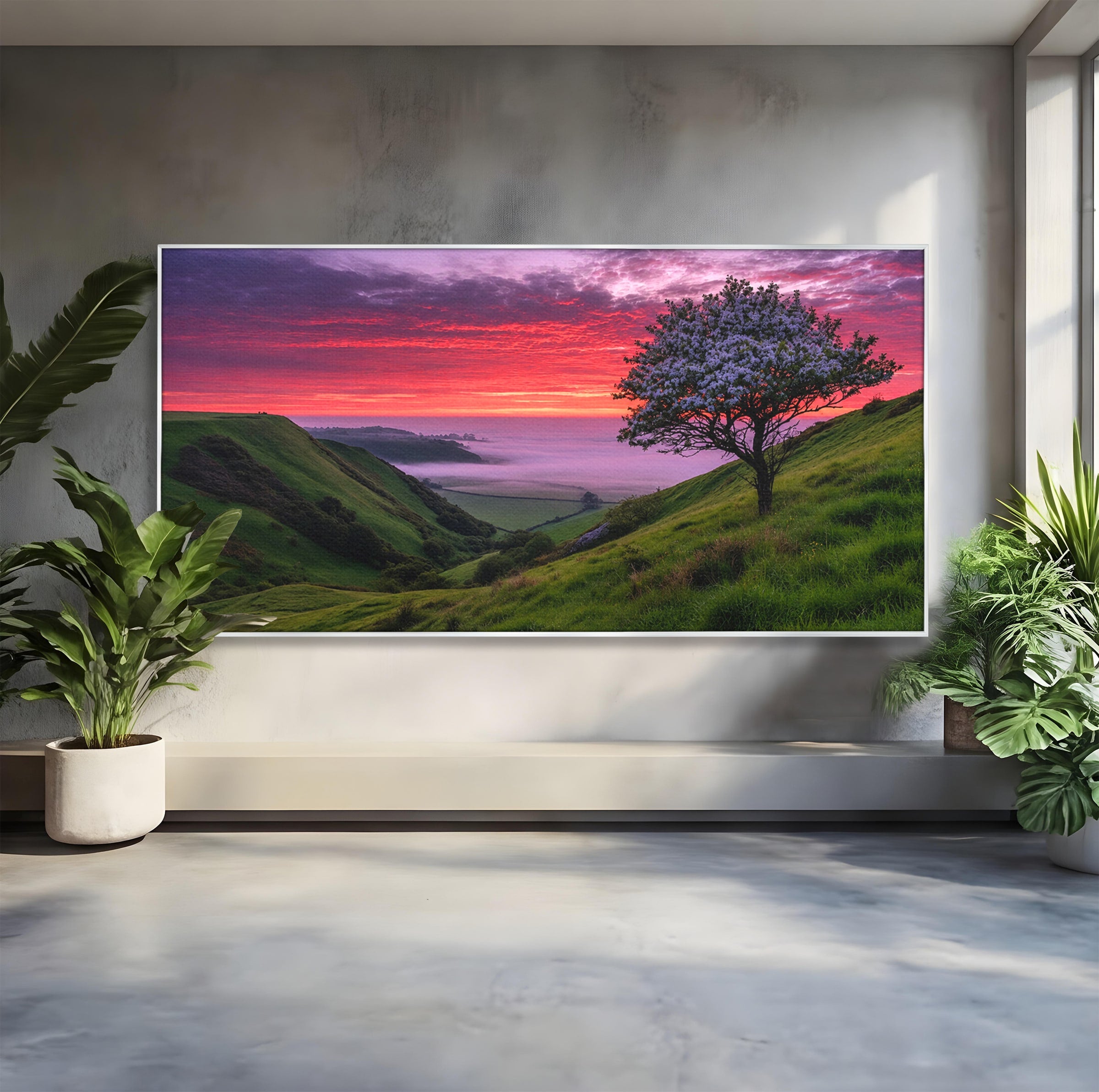 Tablou Canvas Premium LuxCanva® A1660, Apus Pe Dealuri, Apus, Dealuri, Natura, Copac, Living, Culori Vibrante