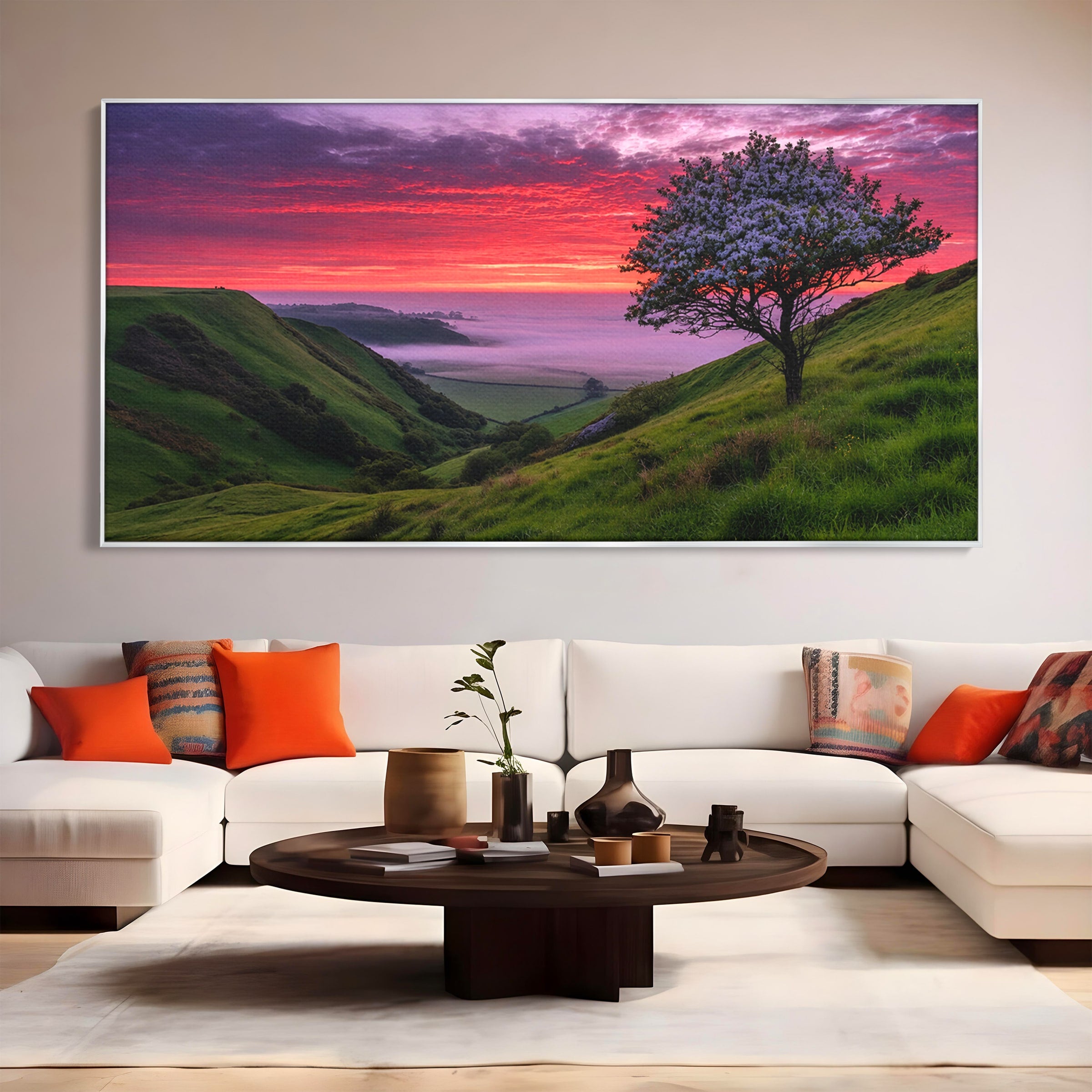 Tablou Canvas Premium LuxCanva® A1660, Apus Pe Dealuri, Apus, Dealuri, Natura, Copac, Living, Culori Vibrante