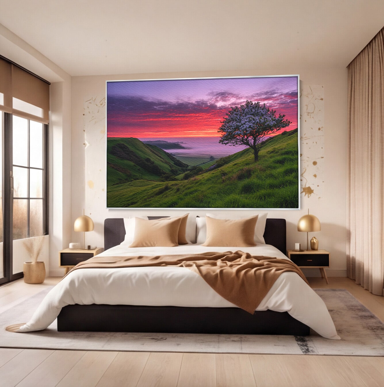 Tablou Canvas Premium LuxCanva® A1660, Apus Pe Dealuri, Apus, Dealuri, Natura, Copac, Living, Culori Vibrante