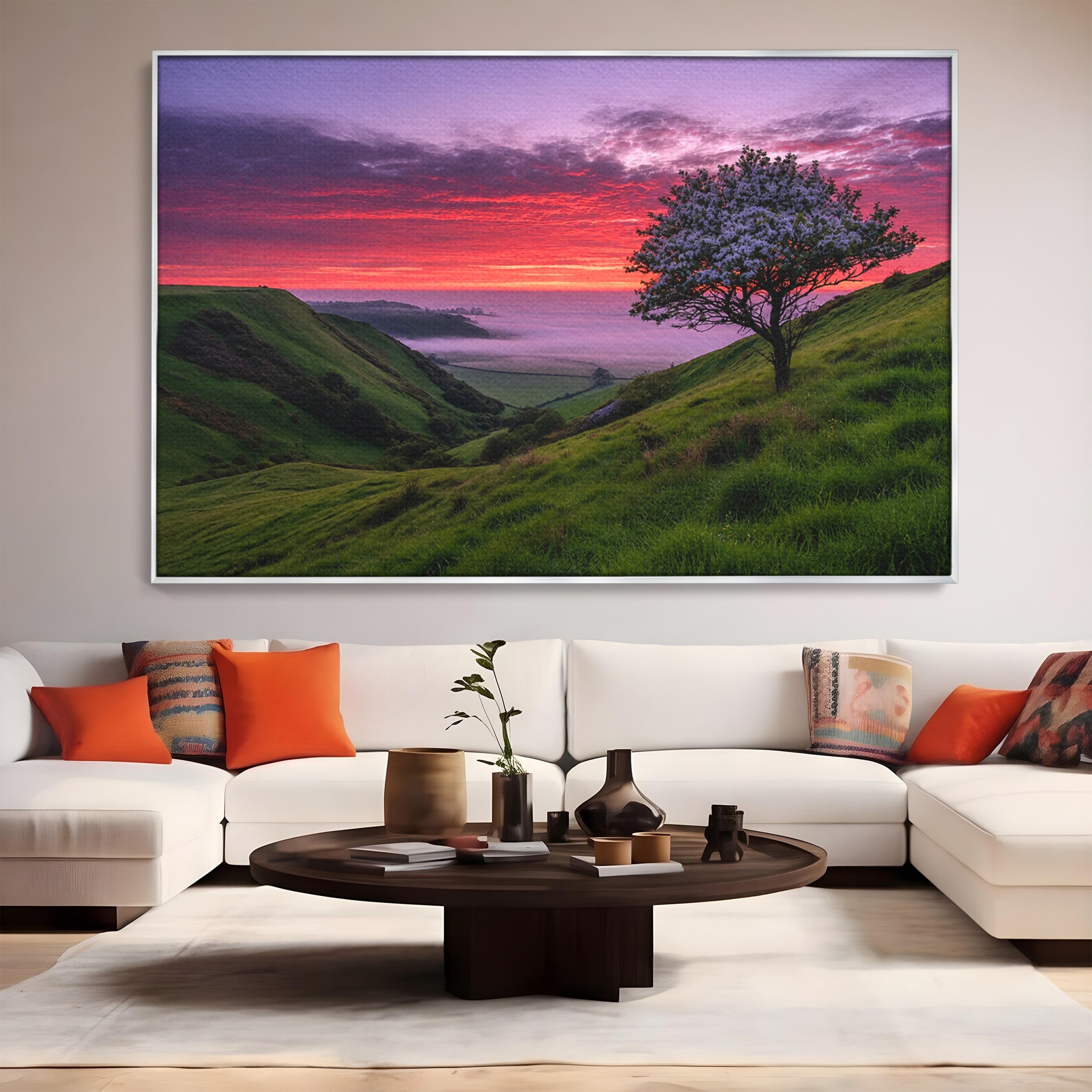 Tablou Canvas Premium LuxCanva® A1660, Apus Pe Dealuri, Apus, Dealuri, Natura, Copac, Living, Culori Vibrante