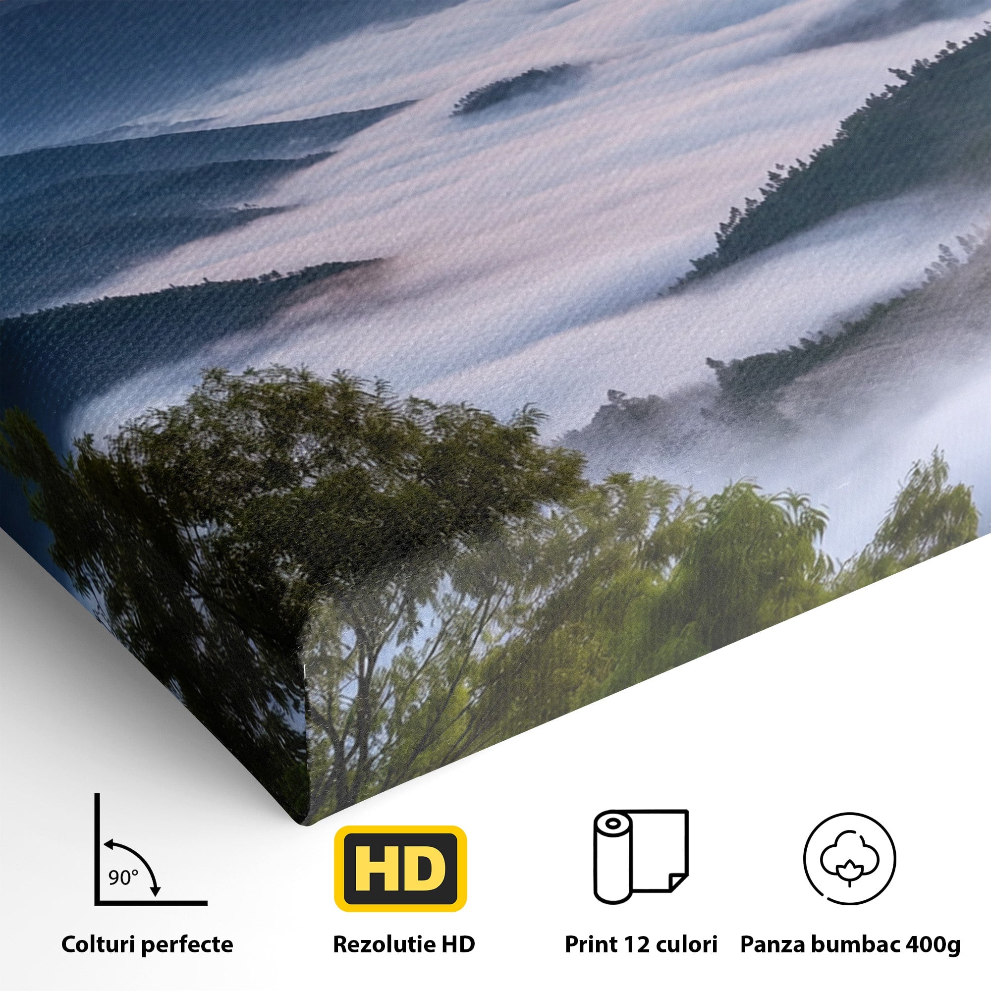 Tablou Canvas Premium LuxCanva® A1664, Rasarit Peste Munti, Peisaj, Munti, Rasarit, Natura, Ceata, Living, Dormitor, Culori Vibrante