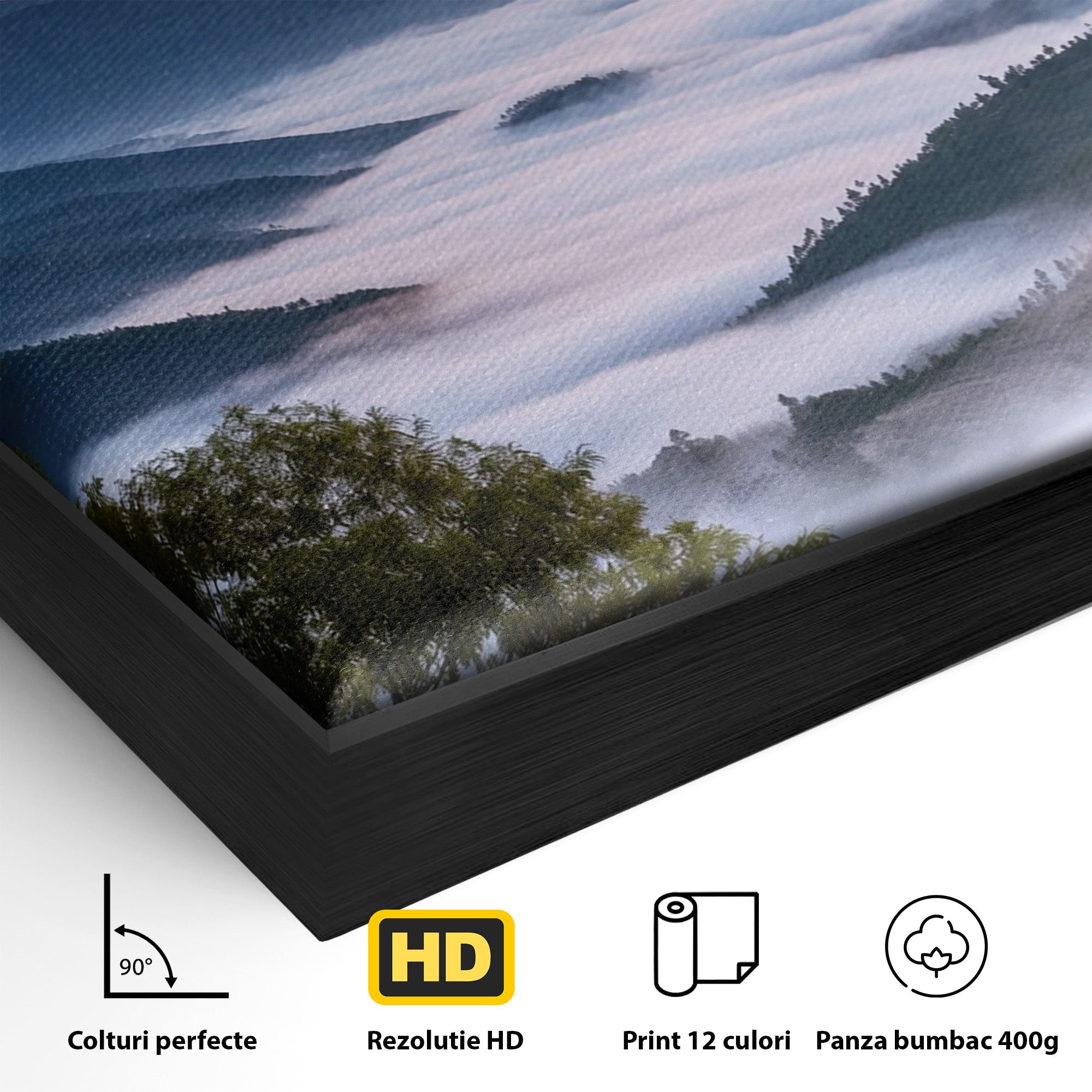 Tablou Canvas Premium LuxCanva® A1664, Rasarit Peste Munti, Peisaj, Munti, Rasarit, Natura, Ceata, Living, Dormitor, Culori Vibrante