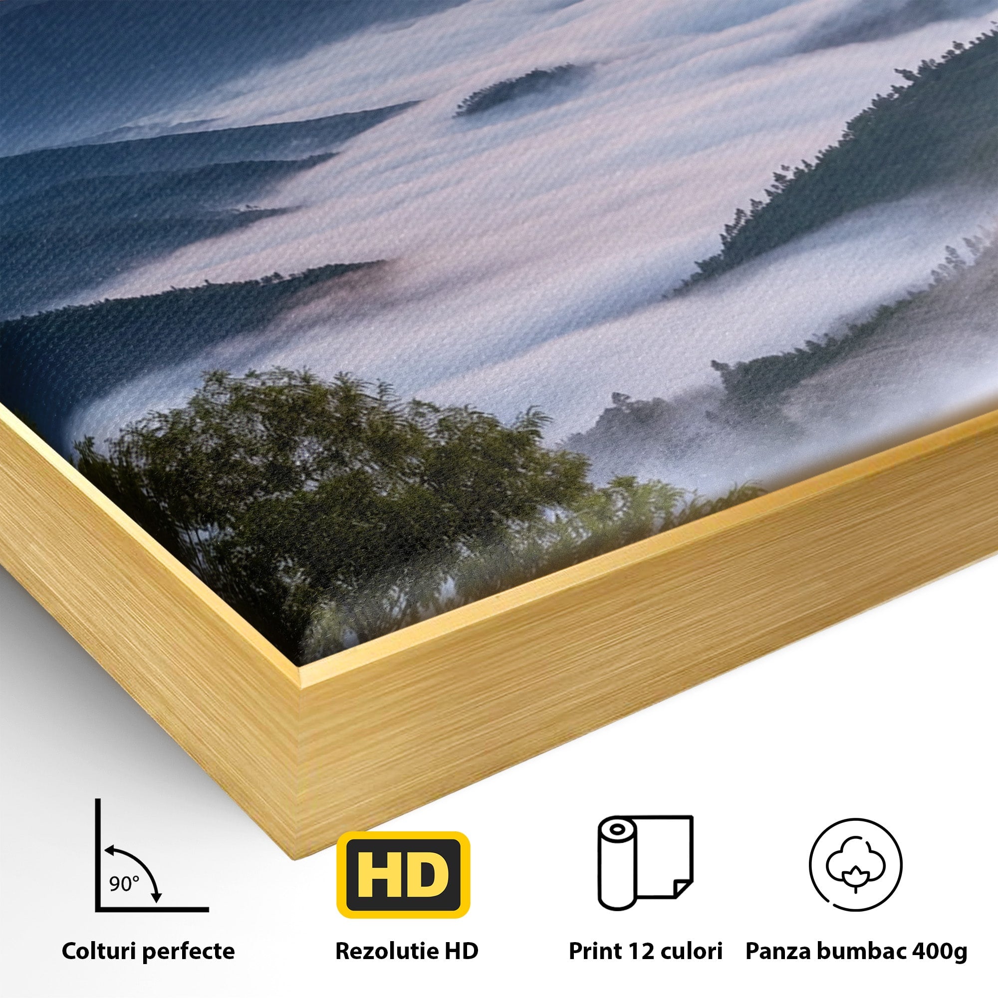 Tablou Canvas Premium LuxCanva® A1664, Rasarit Peste Munti, Peisaj, Munti, Rasarit, Natura, Ceata, Living, Dormitor, Culori Vibrante