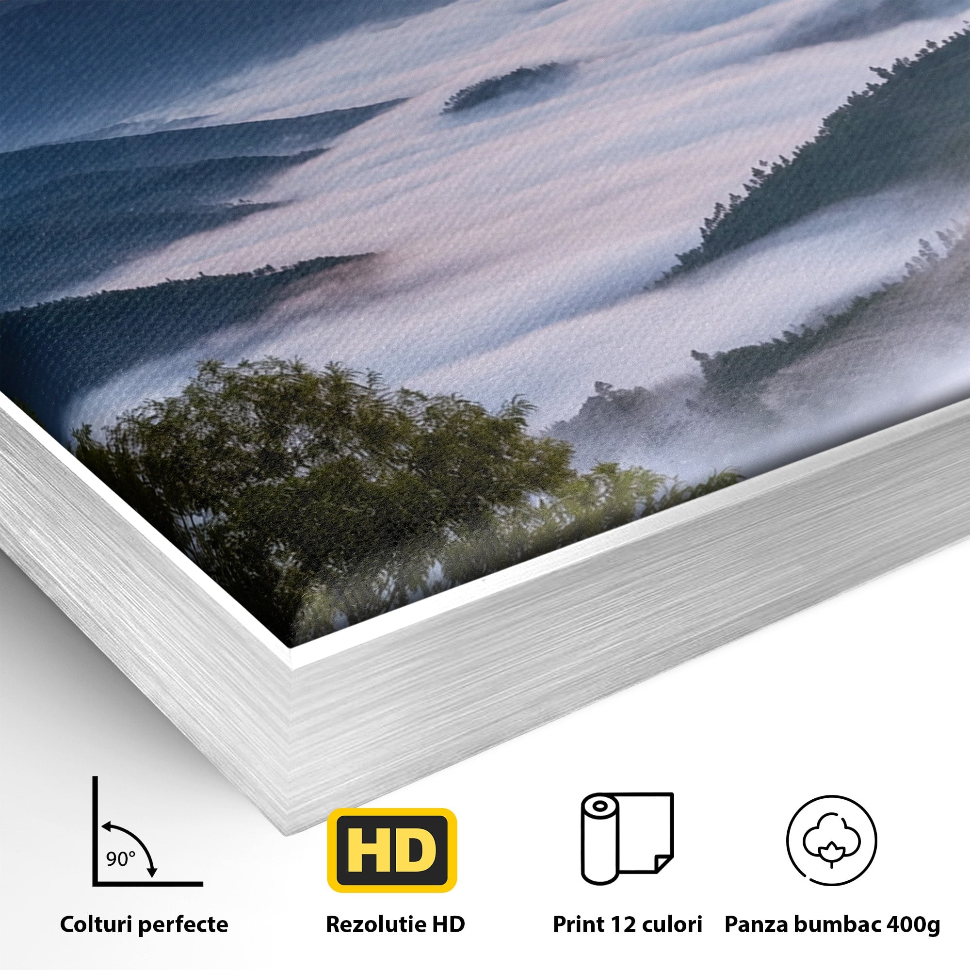 Tablou Canvas Premium LuxCanva® A1664, Rasarit Peste Munti, Peisaj, Munti, Rasarit, Natura, Ceata, Living, Dormitor, Culori Vibrante