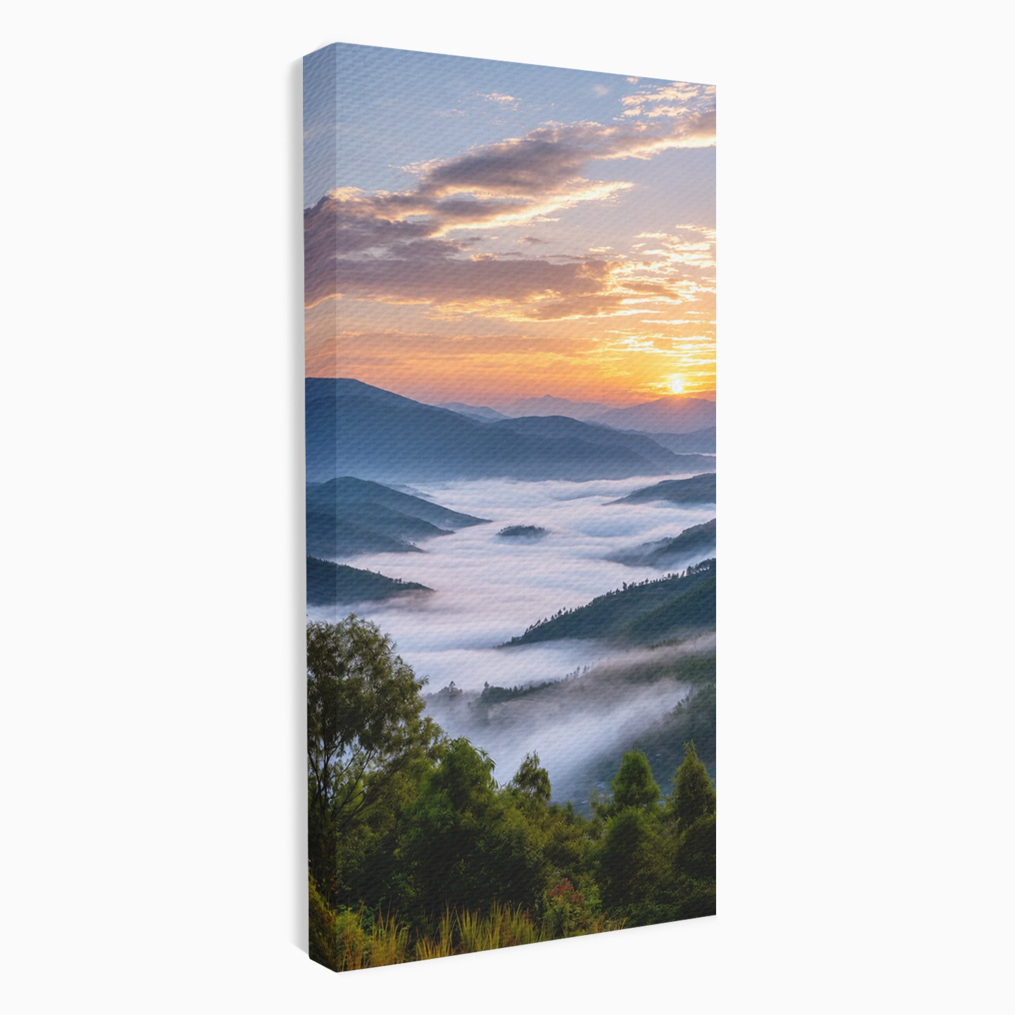 Tablou Canvas Premium LuxCanva® A1664, Rasarit Peste Munti, Peisaj, Munti, Rasarit, Natura, Ceata, Living, Dormitor, Culori Vibrante