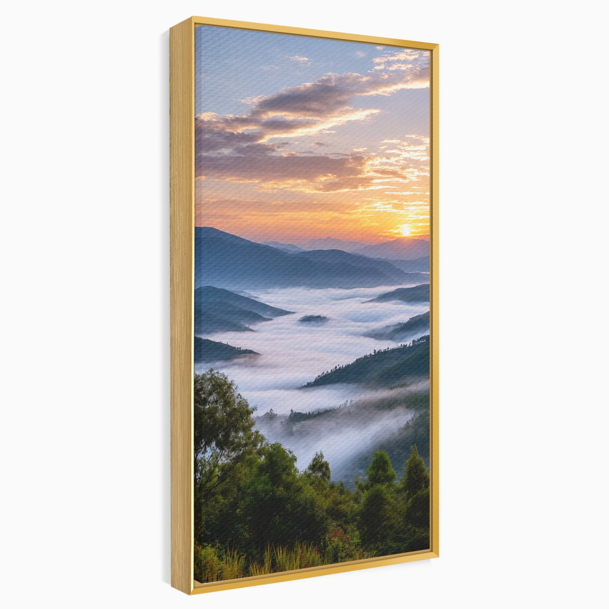 Tablou Canvas Premium LuxCanva® A1664, Rasarit Peste Munti, Peisaj, Munti, Rasarit, Natura, Ceata, Living, Dormitor, Culori Vibrante