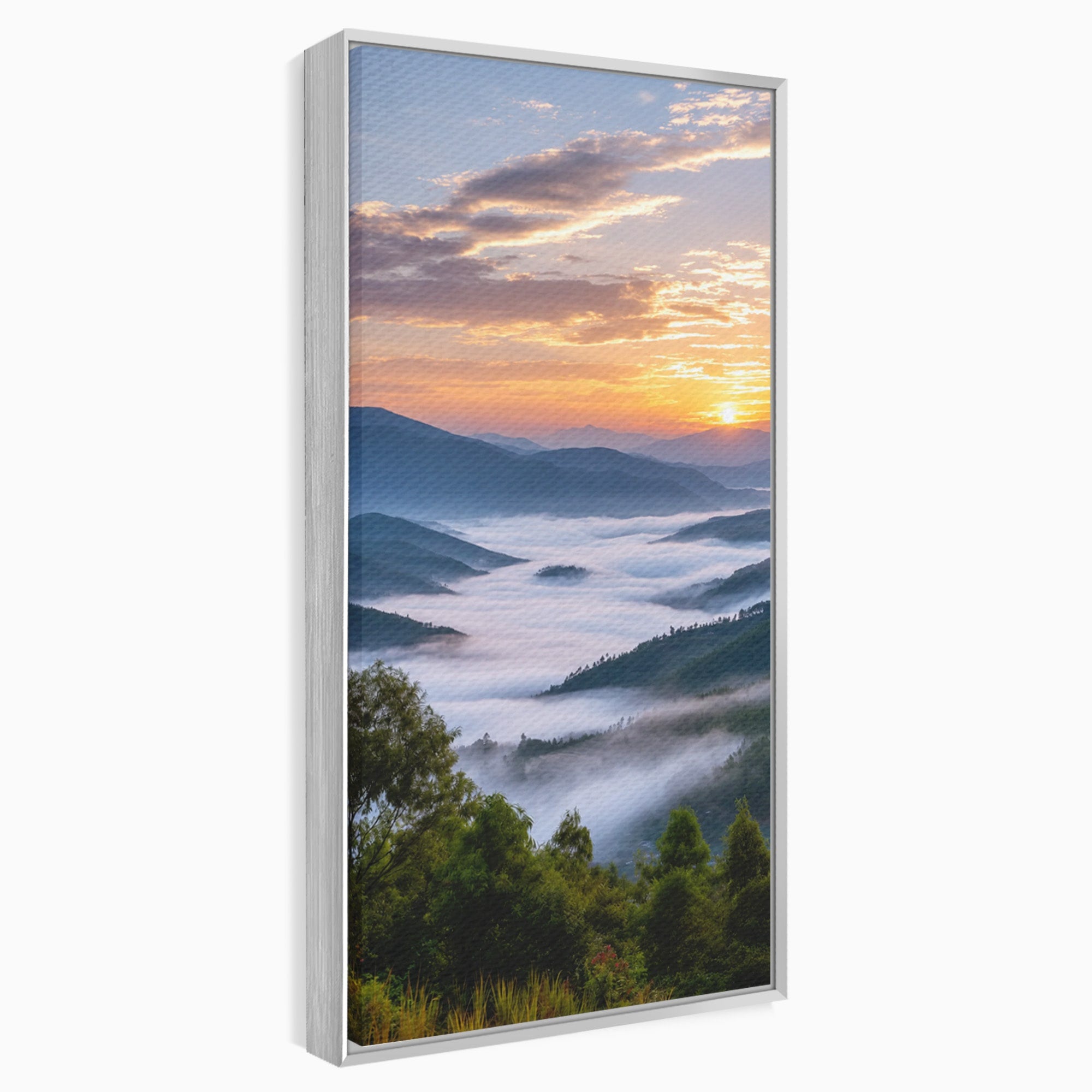 Tablou Canvas Premium LuxCanva® A1664, Rasarit Peste Munti, Peisaj, Munti, Rasarit, Natura, Ceata, Living, Dormitor, Culori Vibrante