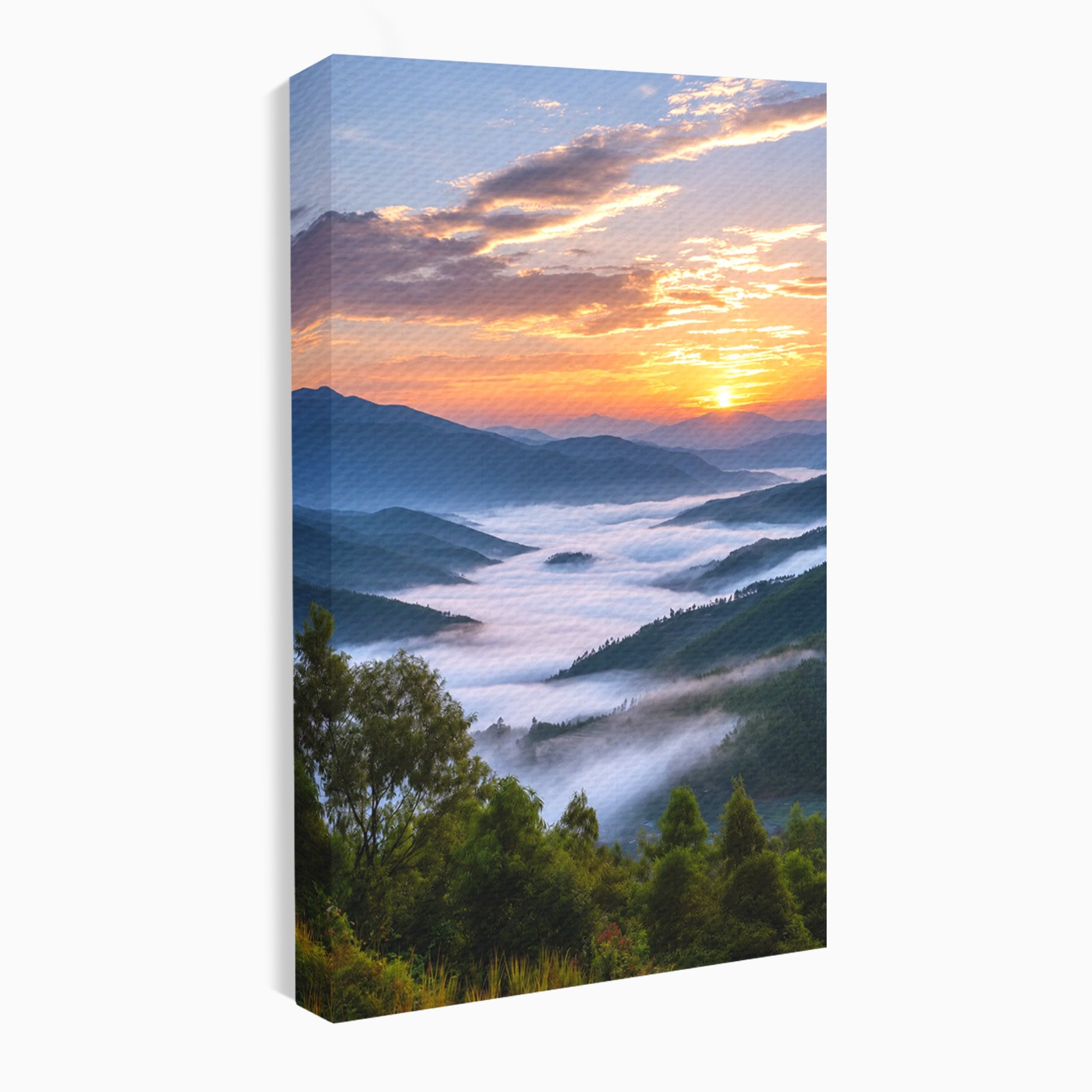 Tablou Canvas Premium LuxCanva® A1664, Rasarit Peste Munti, Peisaj, Munti, Rasarit, Natura, Ceata, Living, Dormitor, Culori Vibrante