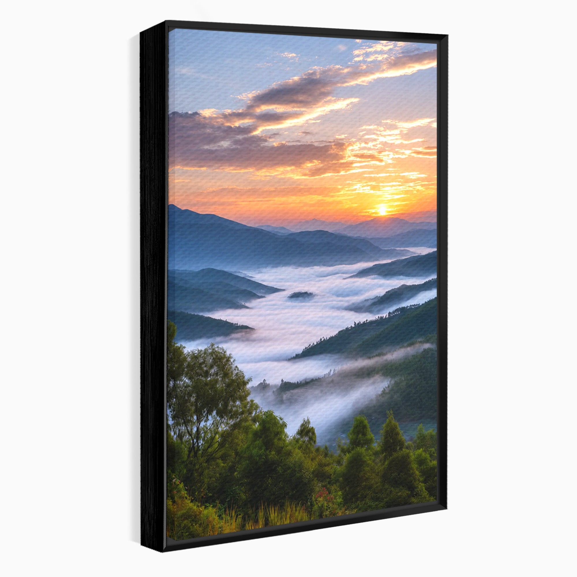Tablou Canvas Premium LuxCanva® A1664, Rasarit Peste Munti, Peisaj, Munti, Rasarit, Natura, Ceata, Living, Dormitor, Culori Vibrante