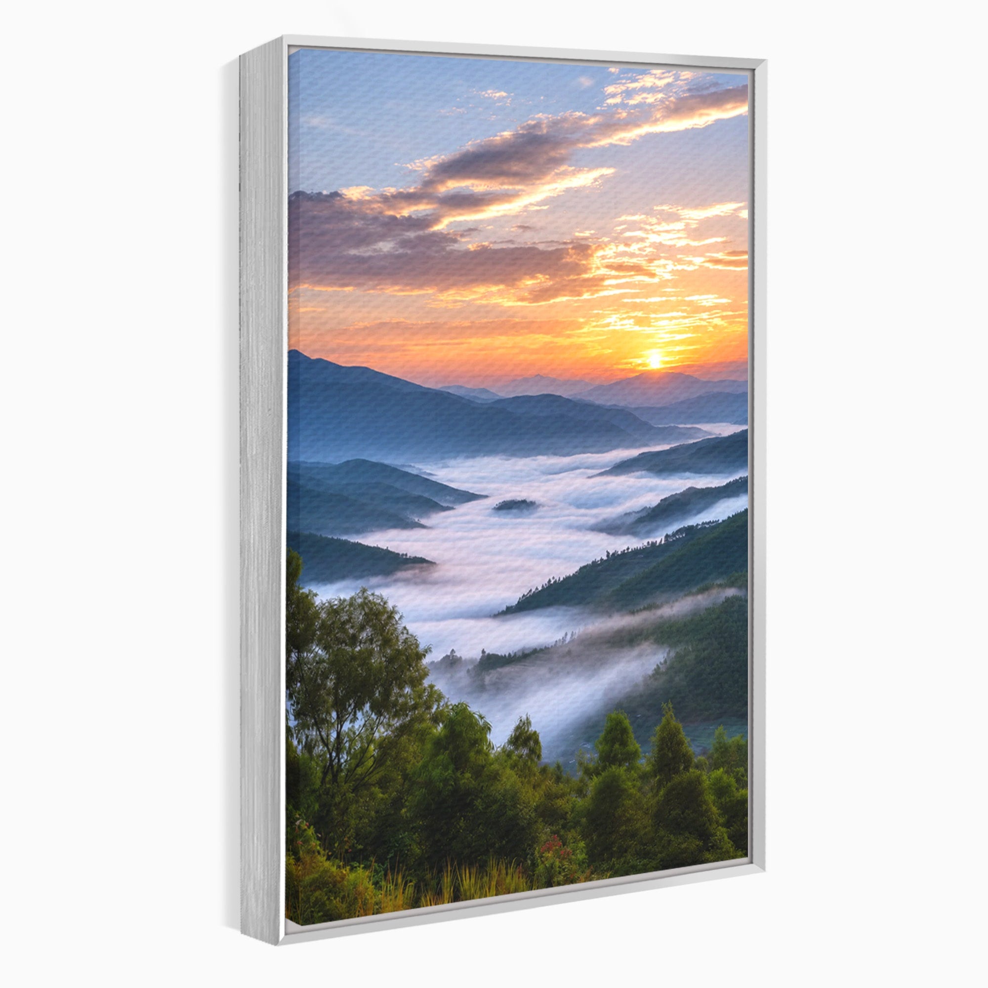 Tablou Canvas Premium LuxCanva® A1664, Rasarit Peste Munti, Peisaj, Munti, Rasarit, Natura, Ceata, Living, Dormitor, Culori Vibrante