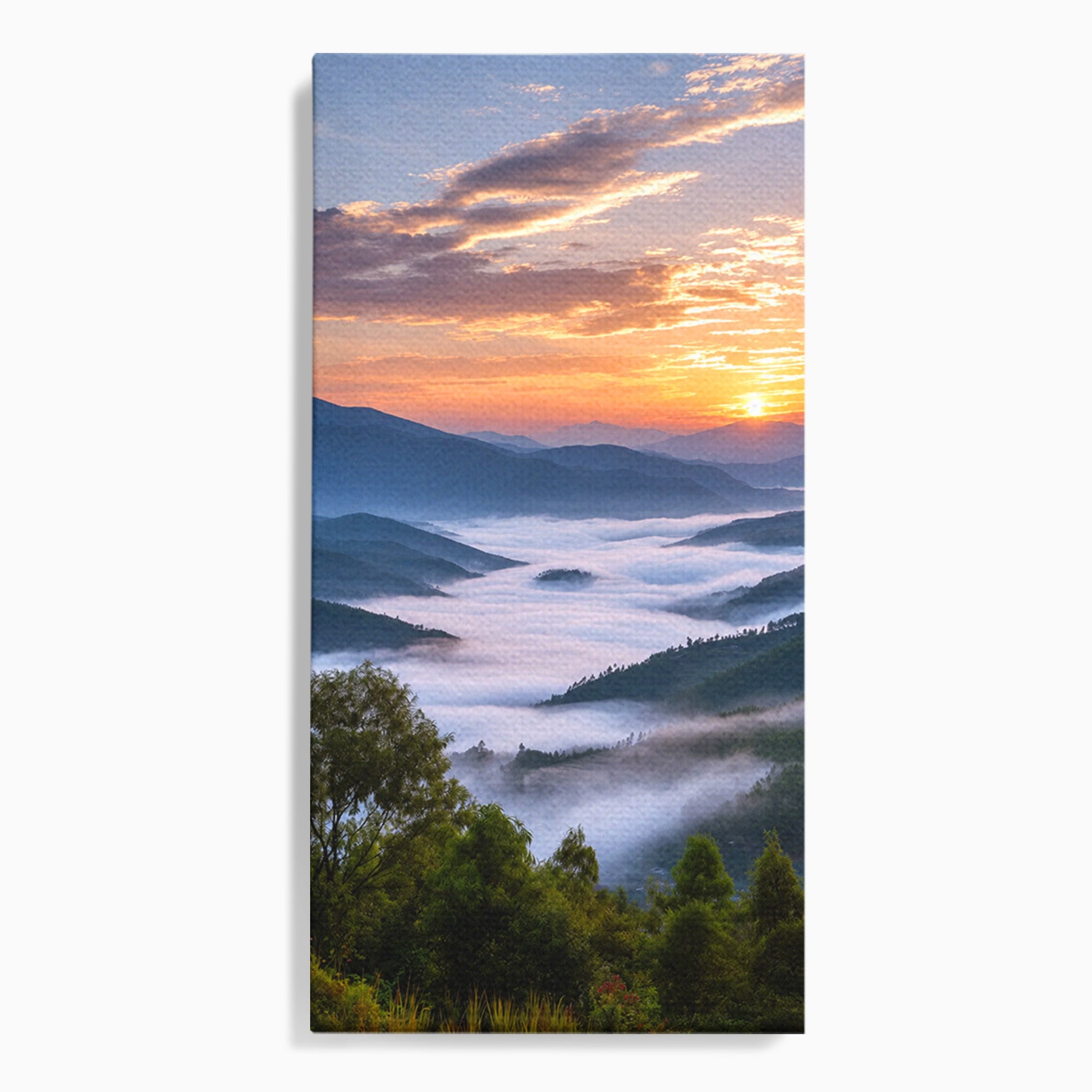 Tablou Canvas Premium LuxCanva® A1664, Rasarit Peste Munti, Peisaj, Munti, Rasarit, Natura, Ceata, Living, Dormitor, Culori Vibrante