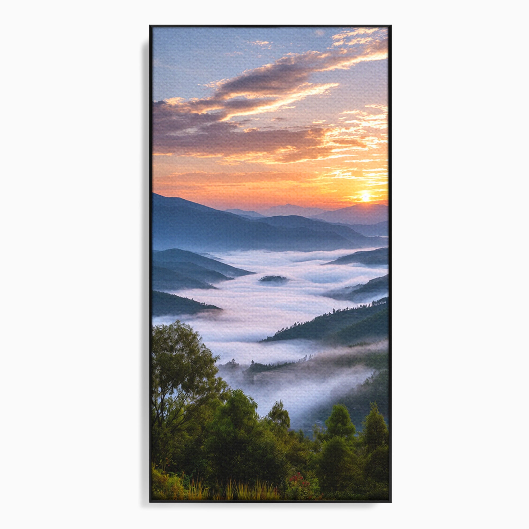 Tablou Canvas Premium LuxCanva® A1664, Rasarit Peste Munti, Peisaj, Munti, Rasarit, Natura, Ceata, Living, Dormitor, Culori Vibrante