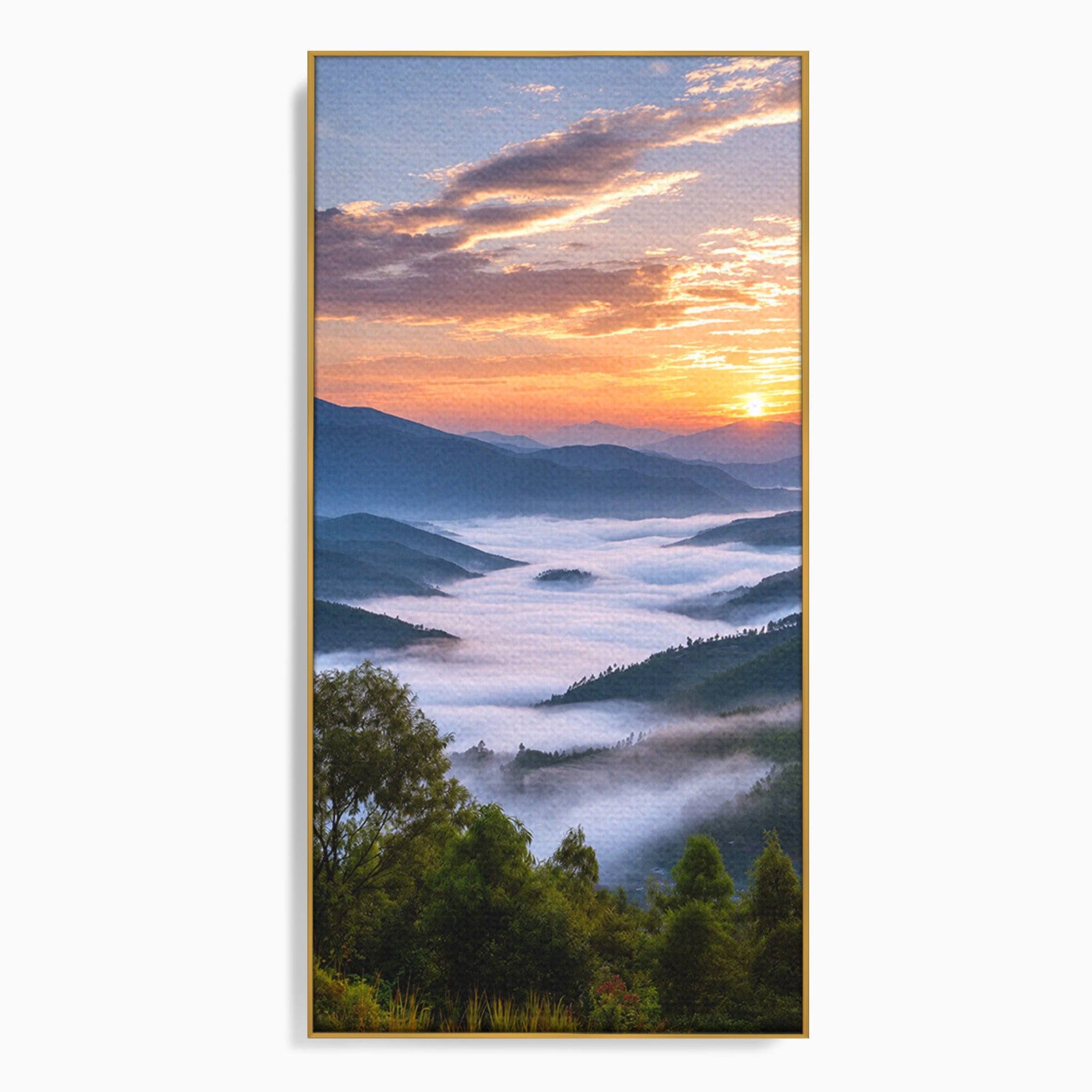 Tablou Canvas Premium LuxCanva® A1664, Rasarit Peste Munti, Peisaj, Munti, Rasarit, Natura, Ceata, Living, Dormitor, Culori Vibrante