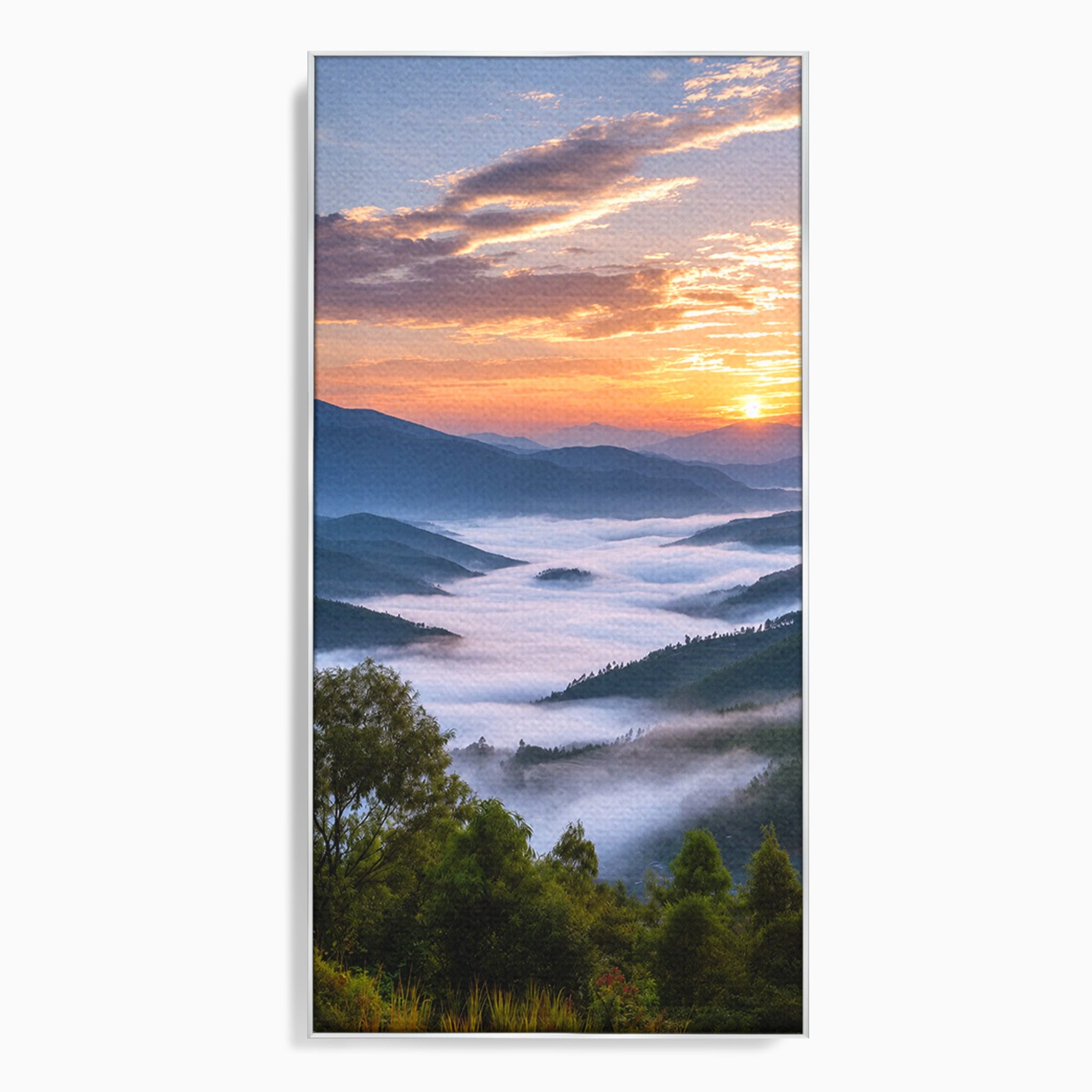Tablou Canvas Premium LuxCanva® A1664, Rasarit Peste Munti, Peisaj, Munti, Rasarit, Natura, Ceata, Living, Dormitor, Culori Vibrante