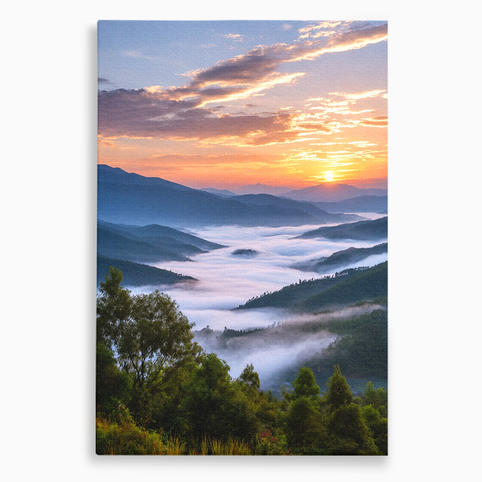 Tablou Canvas Premium LuxCanva® A1664, Rasarit Peste Munti, Peisaj, Munti, Rasarit, Natura, Ceata, Living, Dormitor, Culori Vibrante
