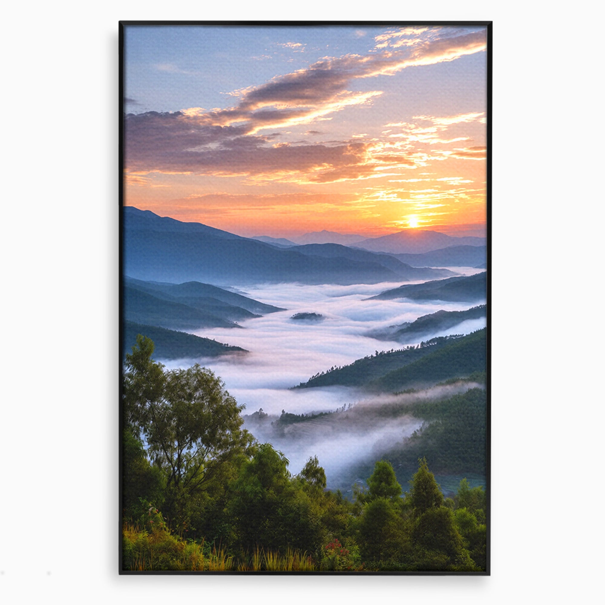 Tablou Canvas Premium LuxCanva® A1664, Rasarit Peste Munti, Peisaj, Munti, Rasarit, Natura, Ceata, Living, Dormitor, Culori Vibrante