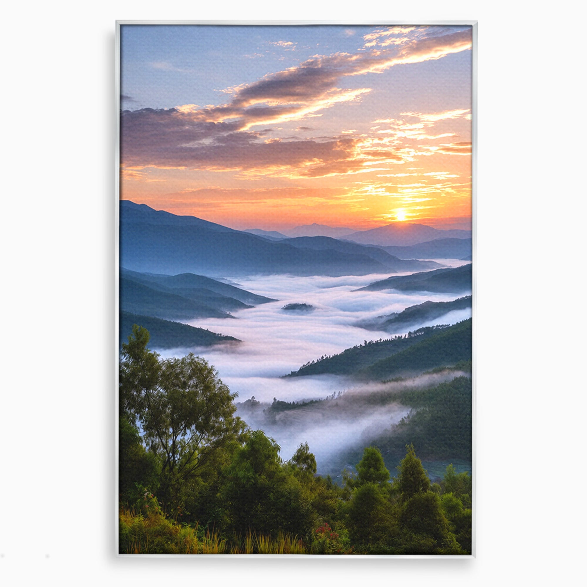 Tablou Canvas Premium LuxCanva® A1664, Rasarit Peste Munti, Peisaj, Munti, Rasarit, Natura, Ceata, Living, Dormitor, Culori Vibrante