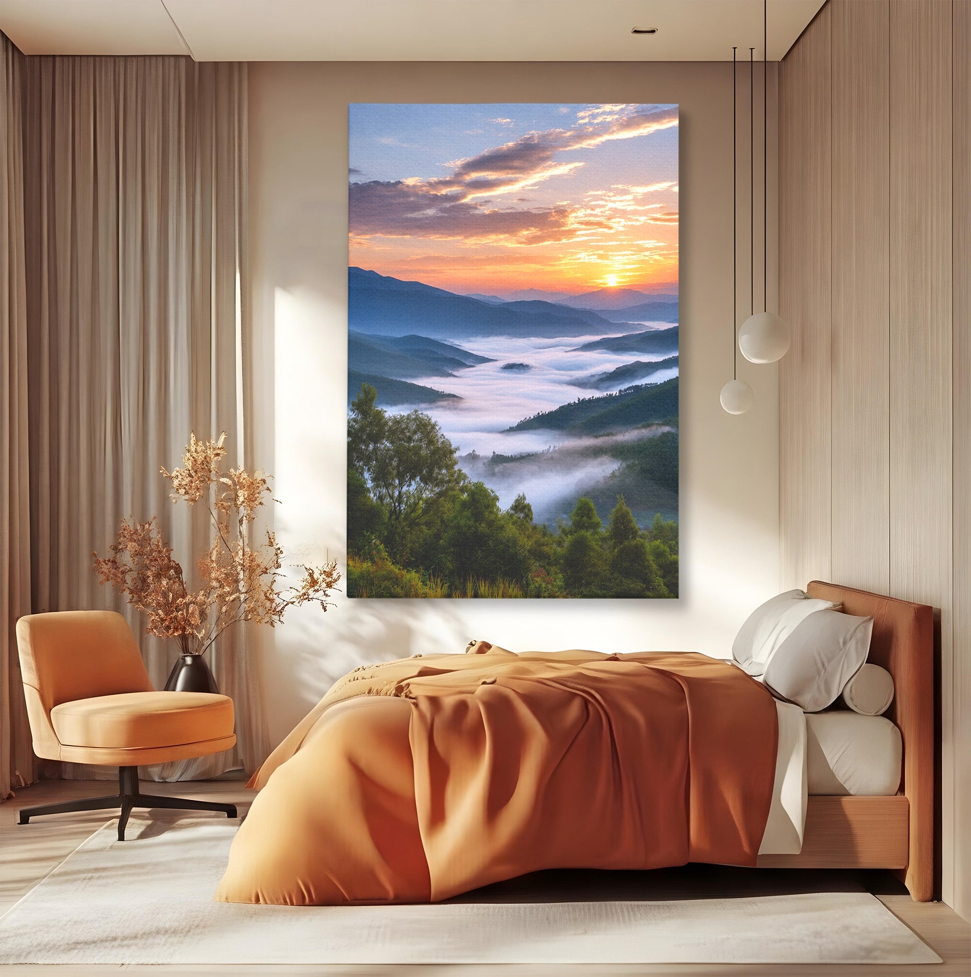Tablou Canvas Premium LuxCanva® A1664, Rasarit Peste Munti, Peisaj, Munti, Rasarit, Natura, Ceata, Living, Dormitor, Culori Vibrante