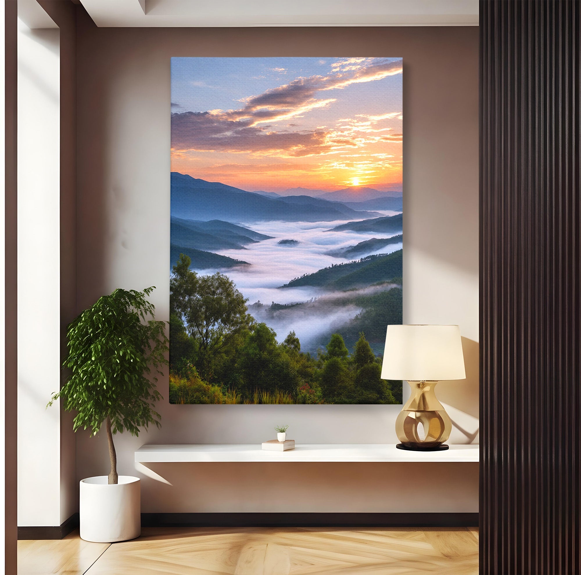 Tablou Canvas Premium LuxCanva® A1664, Rasarit Peste Munti, Peisaj, Munti, Rasarit, Natura, Ceata, Living, Dormitor, Culori Vibrante