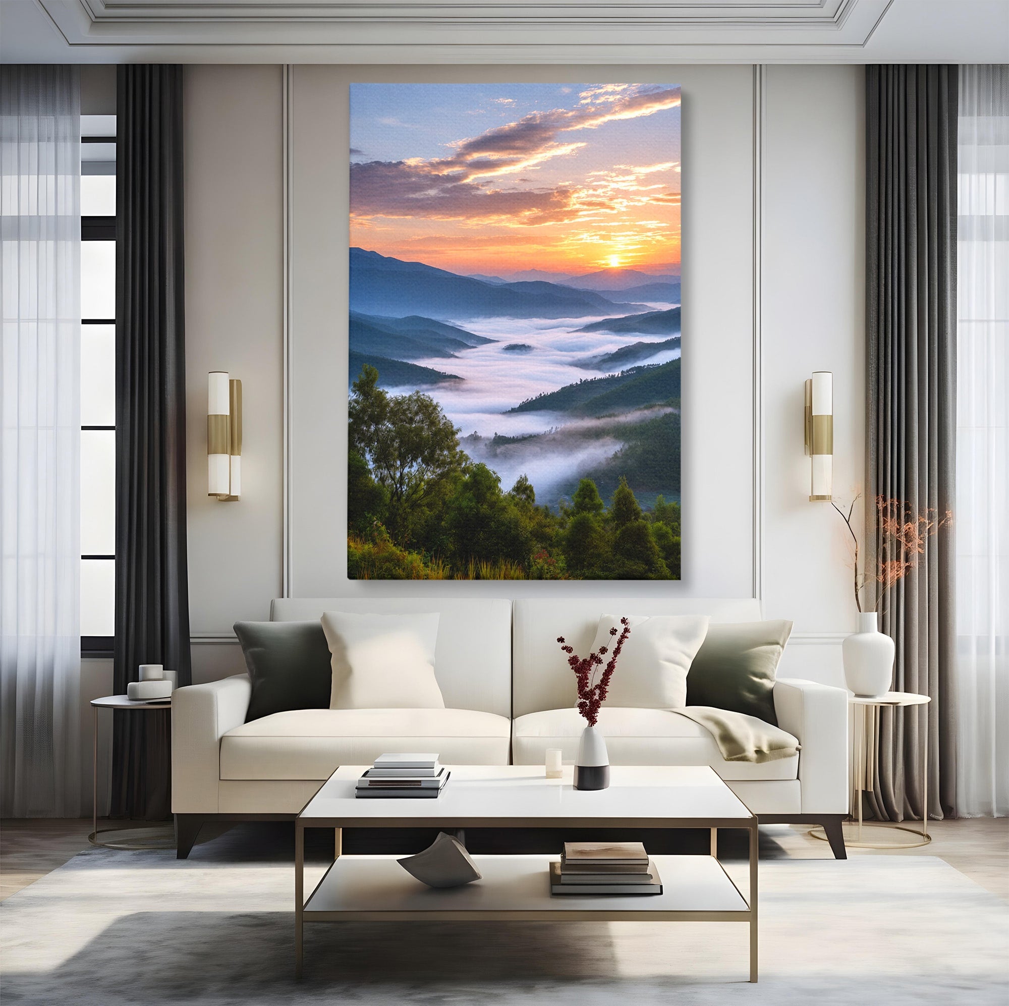 Tablou Canvas Premium LuxCanva® A1664, Rasarit Peste Munti, Peisaj, Munti, Rasarit, Natura, Ceata, Living, Dormitor, Culori Vibrante