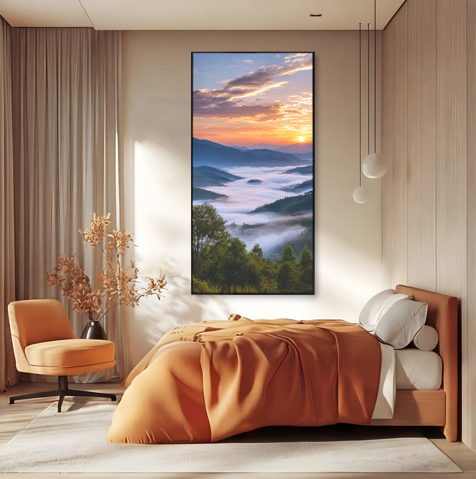 Tablou Canvas Premium LuxCanva® A1664, Rasarit Peste Munti, Peisaj, Munti, Rasarit, Natura, Ceata, Living, Dormitor, Culori Vibrante