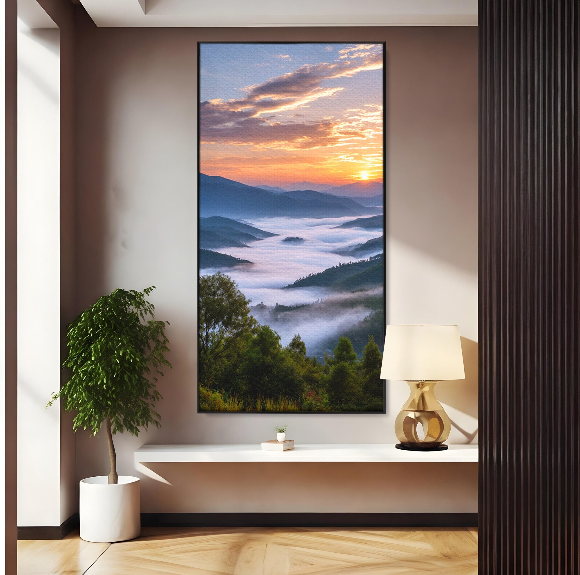 Tablou Canvas Premium LuxCanva® A1664, Rasarit Peste Munti, Peisaj, Munti, Rasarit, Natura, Ceata, Living, Dormitor, Culori Vibrante