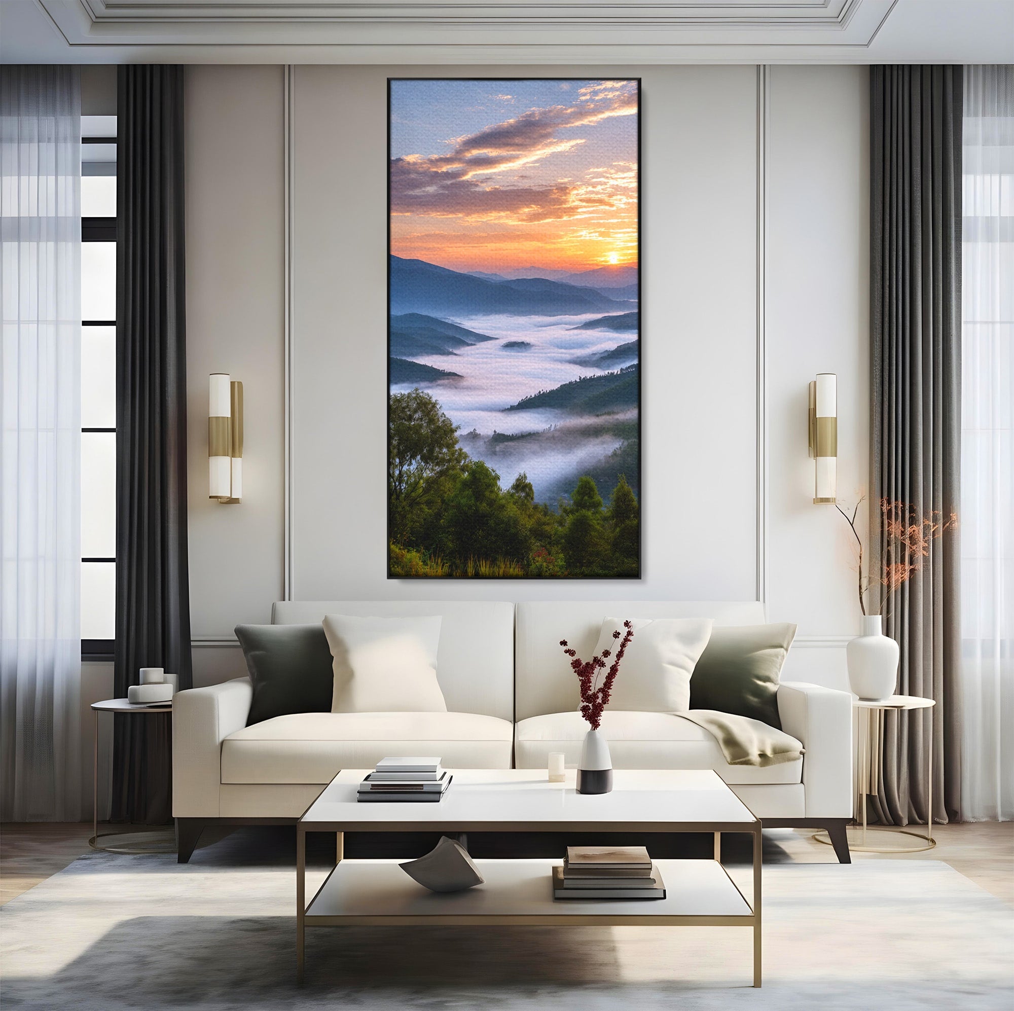 Tablou Canvas Premium LuxCanva® A1664, Rasarit Peste Munti, Peisaj, Munti, Rasarit, Natura, Ceata, Living, Dormitor, Culori Vibrante
