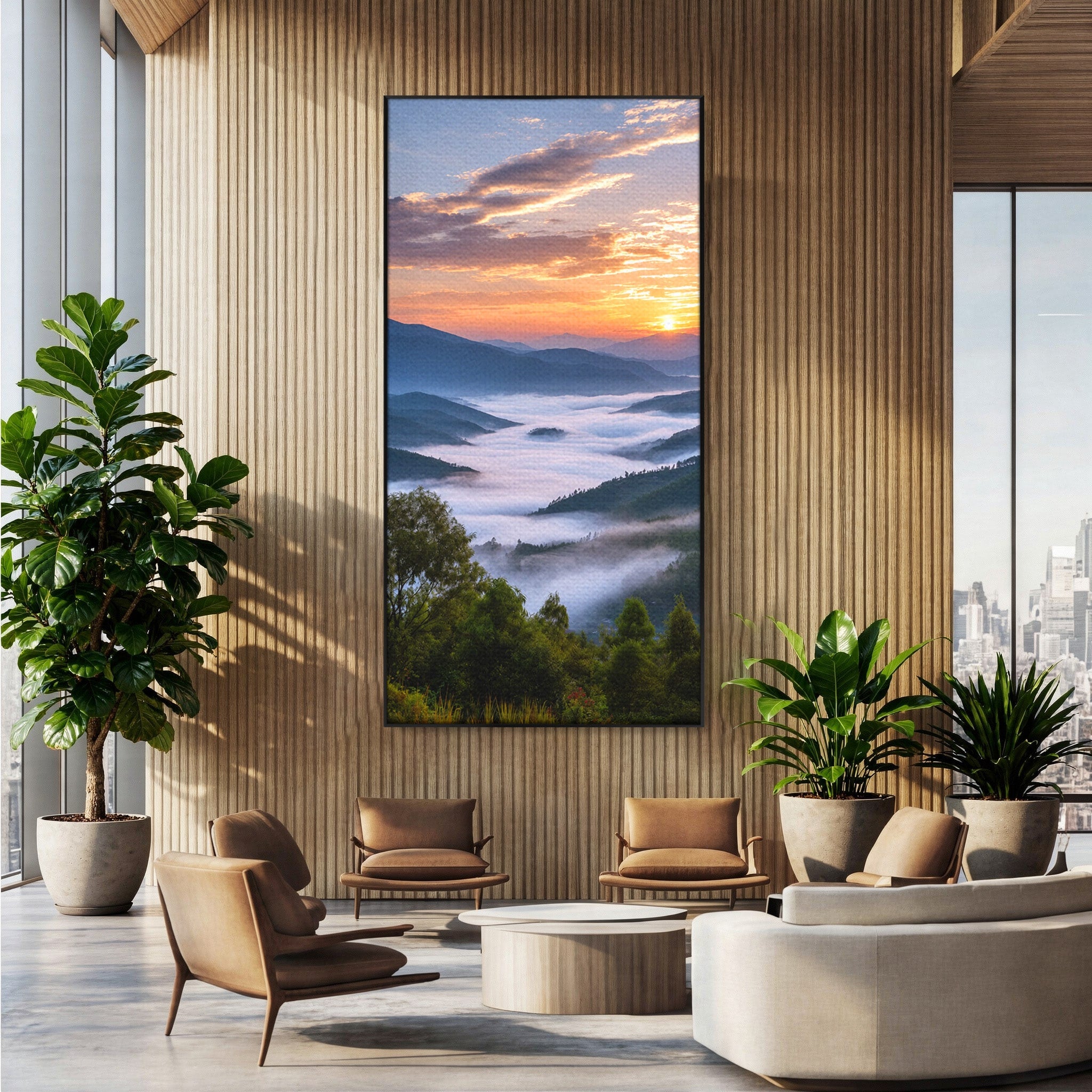 Tablou Canvas Premium LuxCanva® A1664, Rasarit Peste Munti, Peisaj, Munti, Rasarit, Natura, Ceata, Living, Dormitor, Culori Vibrante