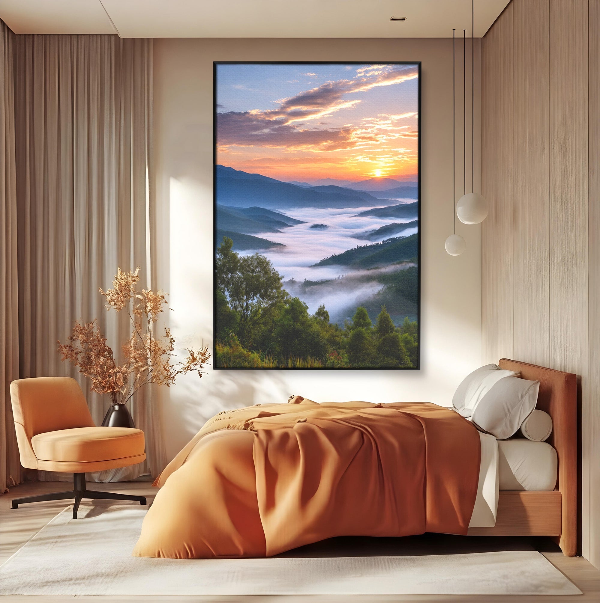 Tablou Canvas Premium LuxCanva® A1664, Rasarit Peste Munti, Peisaj, Munti, Rasarit, Natura, Ceata, Living, Dormitor, Culori Vibrante