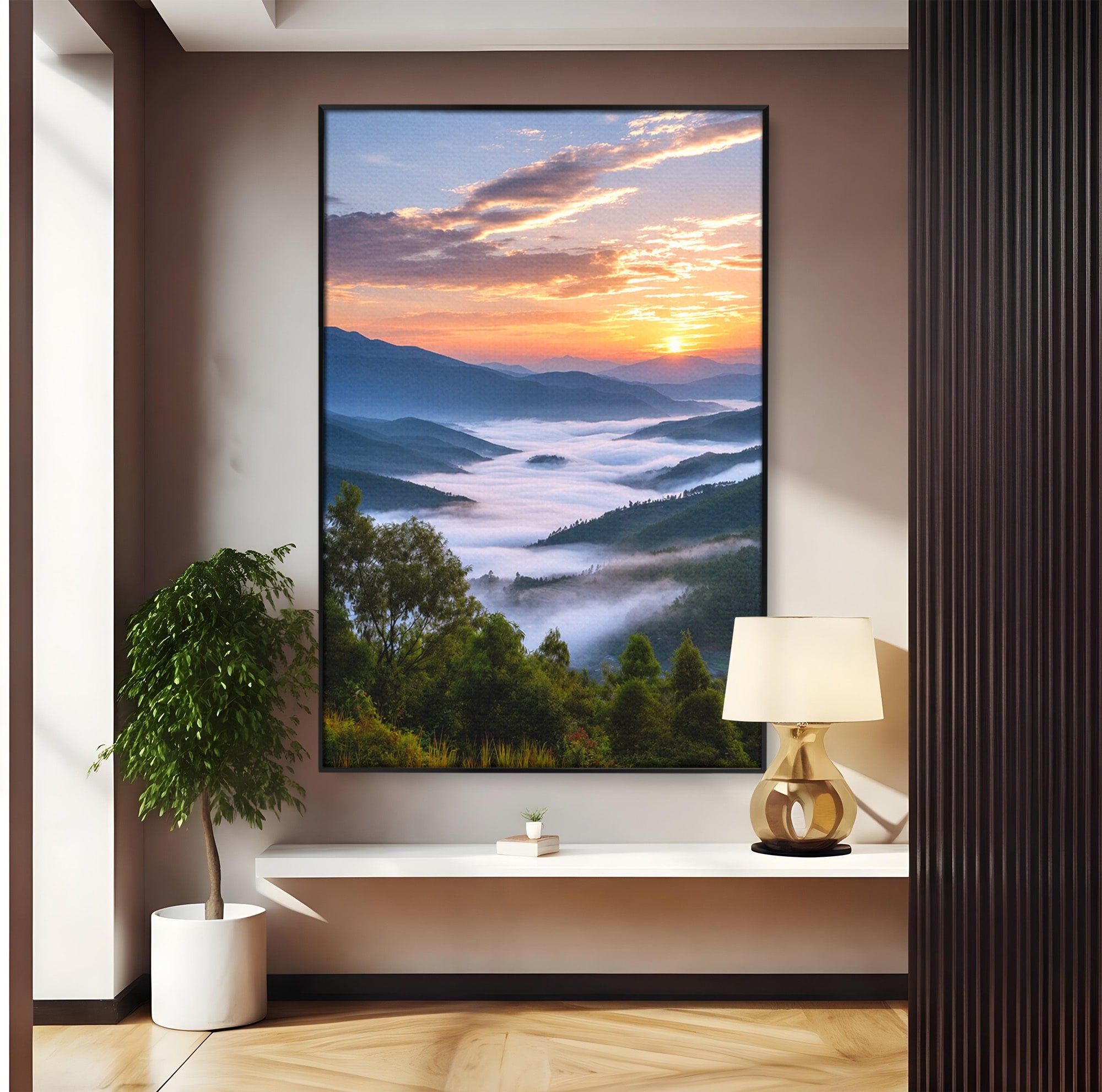 Tablou Canvas Premium LuxCanva® A1664, Rasarit Peste Munti, Peisaj, Munti, Rasarit, Natura, Ceata, Living, Dormitor, Culori Vibrante
