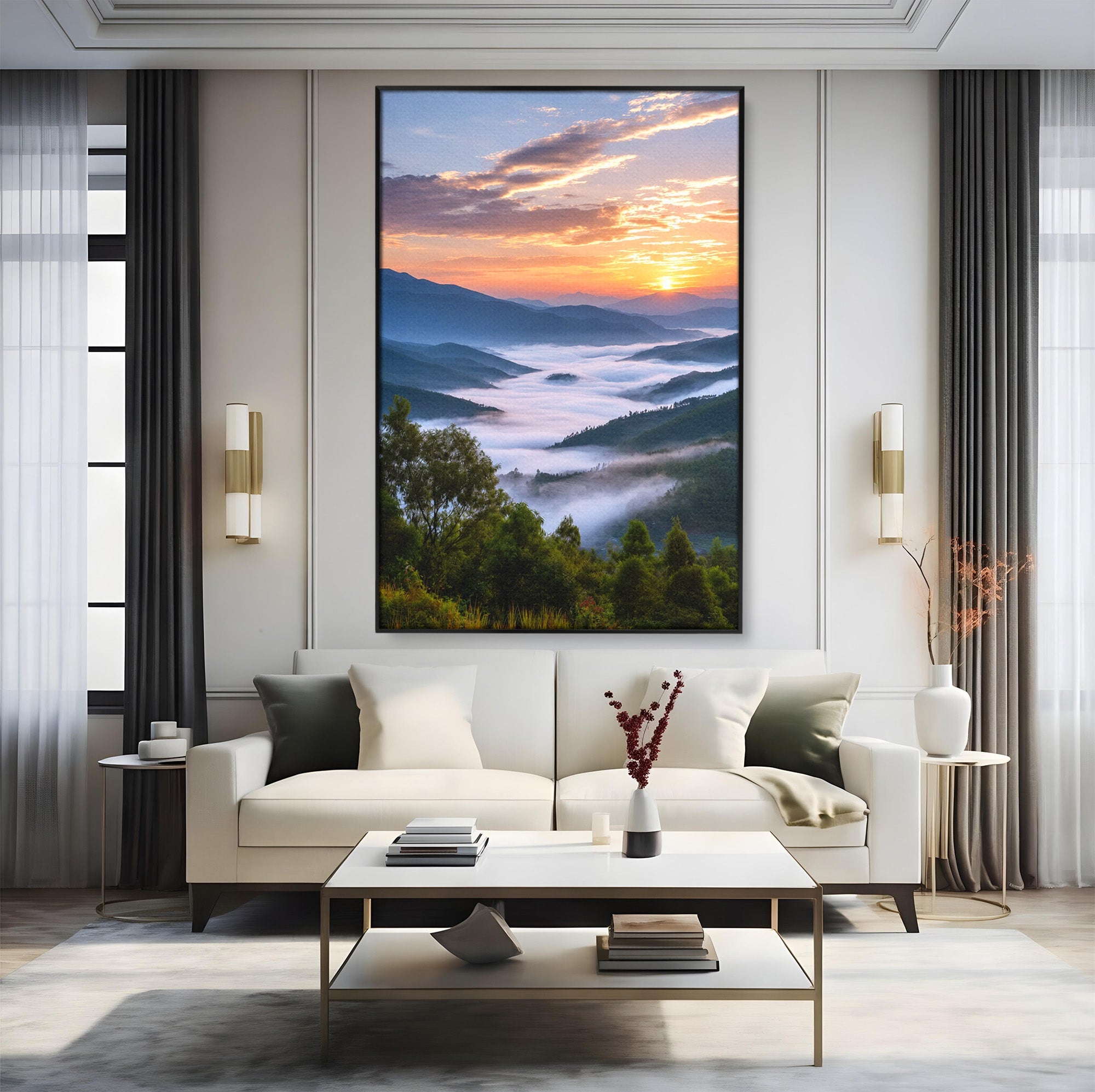 Tablou Canvas Premium LuxCanva® A1664, Rasarit Peste Munti, Peisaj, Munti, Rasarit, Natura, Ceata, Living, Dormitor, Culori Vibrante