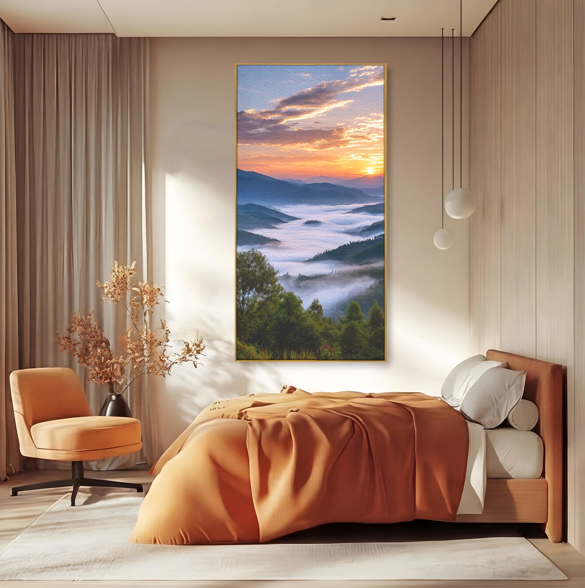 Tablou Canvas Premium LuxCanva® A1664, Rasarit Peste Munti, Peisaj, Munti, Rasarit, Natura, Ceata, Living, Dormitor, Culori Vibrante