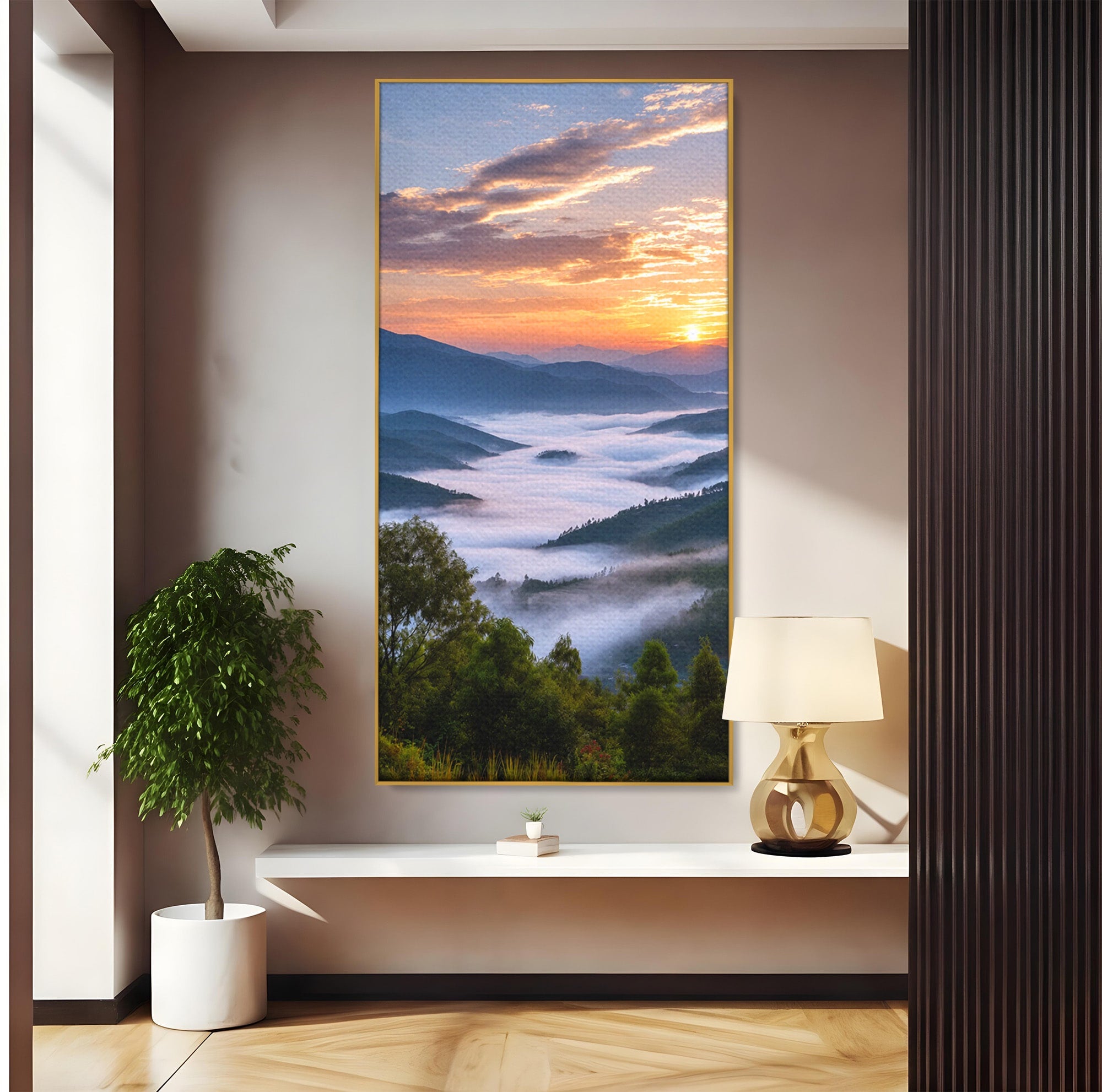 Tablou Canvas Premium LuxCanva® A1664, Rasarit Peste Munti, Peisaj, Munti, Rasarit, Natura, Ceata, Living, Dormitor, Culori Vibrante