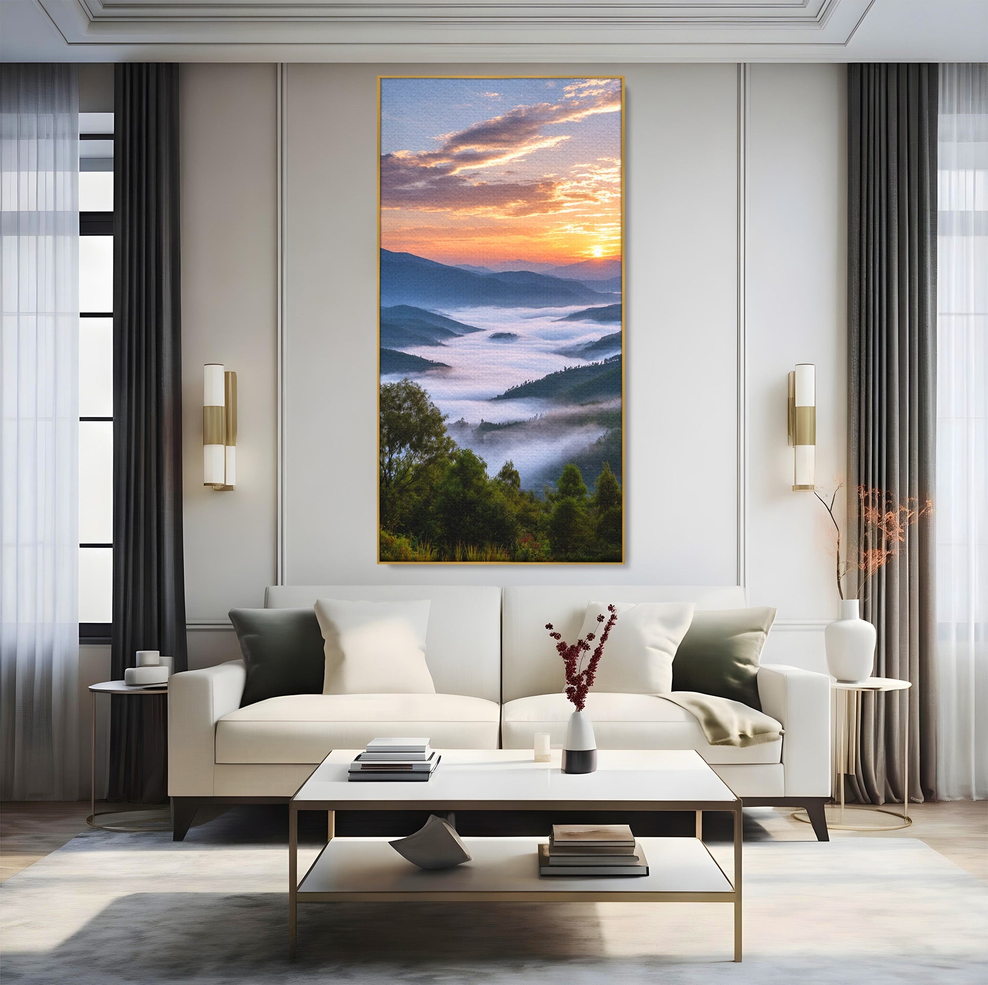 Tablou Canvas Premium LuxCanva® A1664, Rasarit Peste Munti, Peisaj, Munti, Rasarit, Natura, Ceata, Living, Dormitor, Culori Vibrante