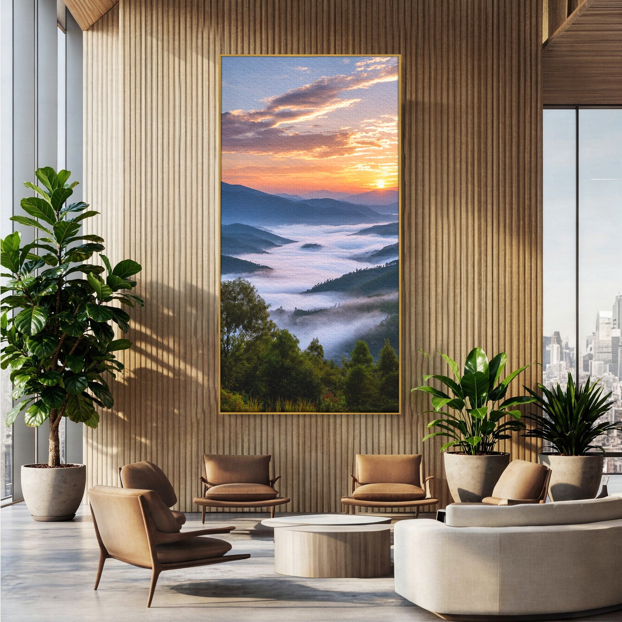 Tablou Canvas Premium LuxCanva® A1664, Rasarit Peste Munti, Peisaj, Munti, Rasarit, Natura, Ceata, Living, Dormitor, Culori Vibrante